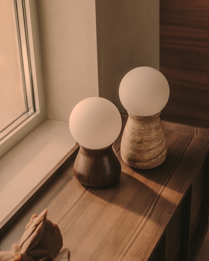 Okeni table lamp made of travertine and glass UK adapter