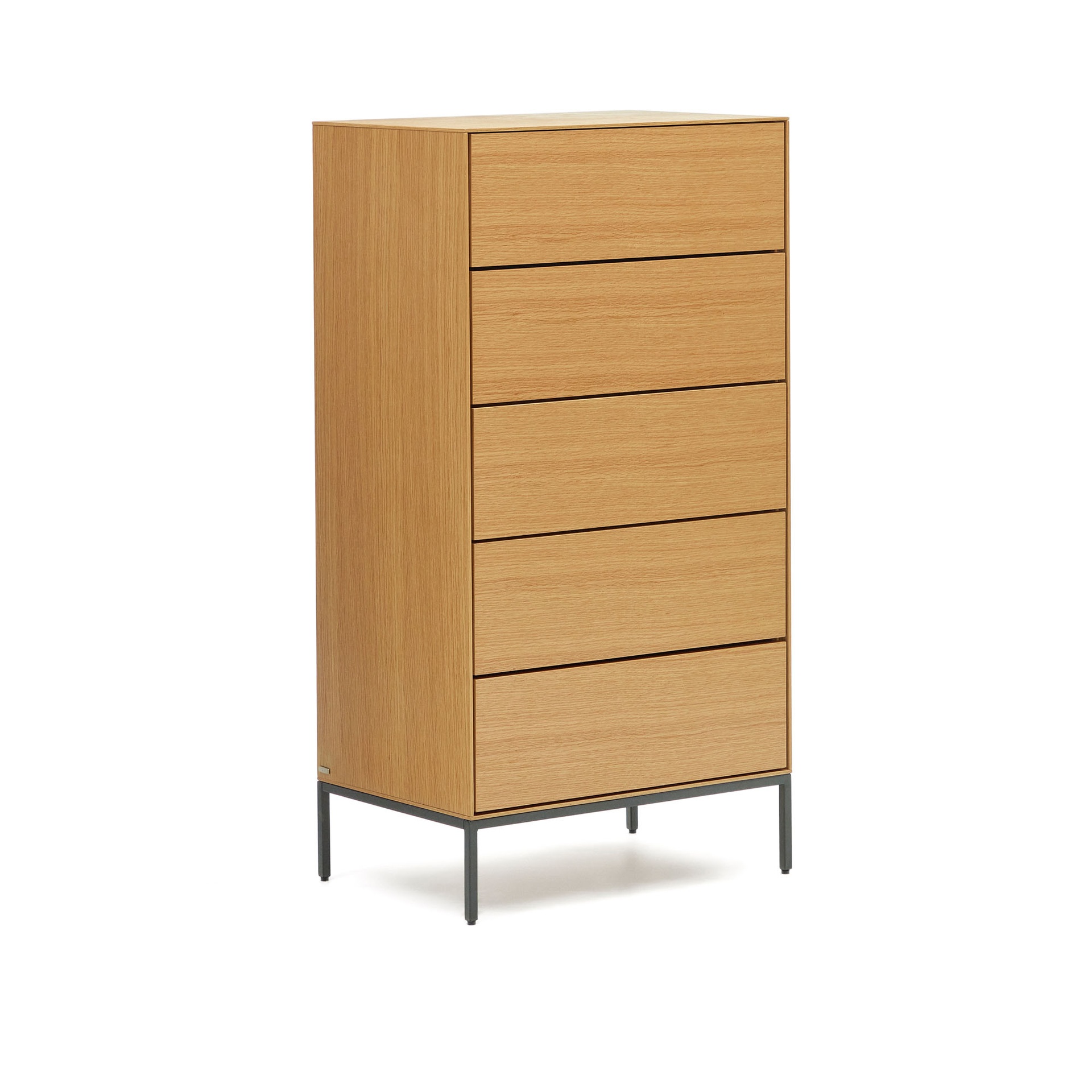 Vedrana 5 drawer chest of drawers in oak veneer with black steel legs, 60 x 114 cm