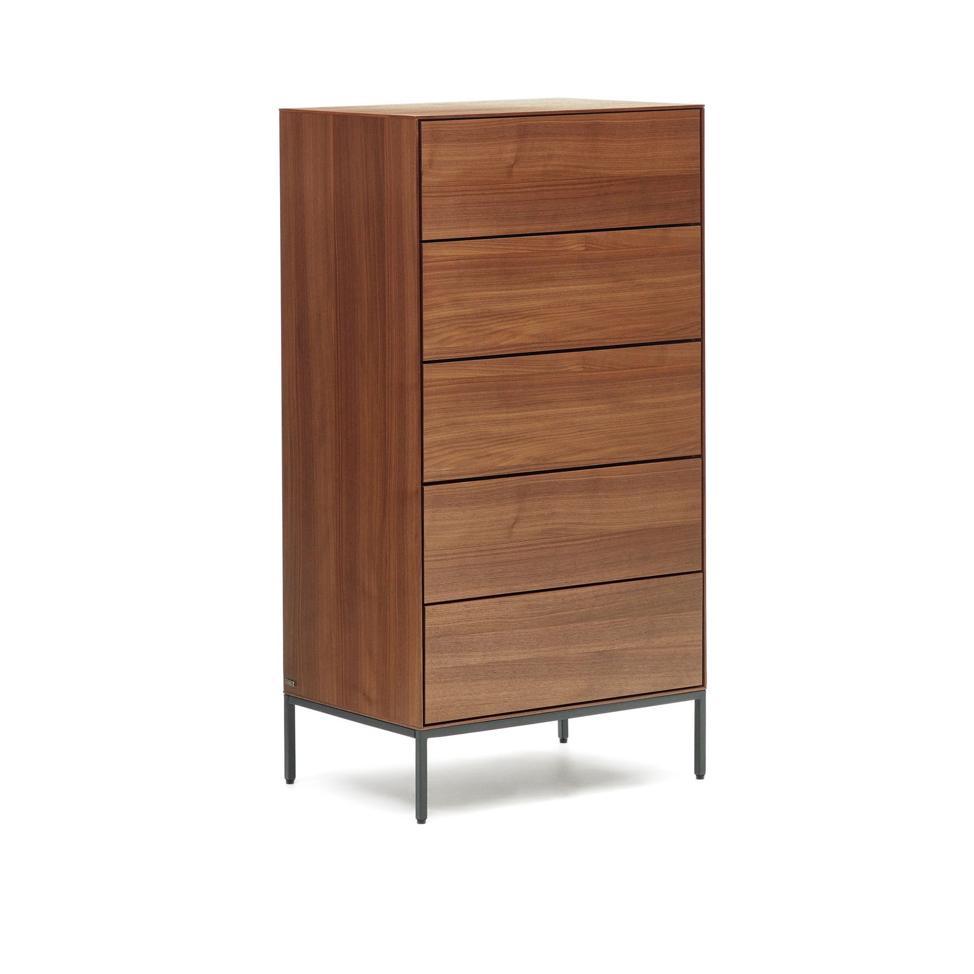 Vedrana 5 drawer chest of drawers in walnut veneer with black steel legs, 60 x 114 cm