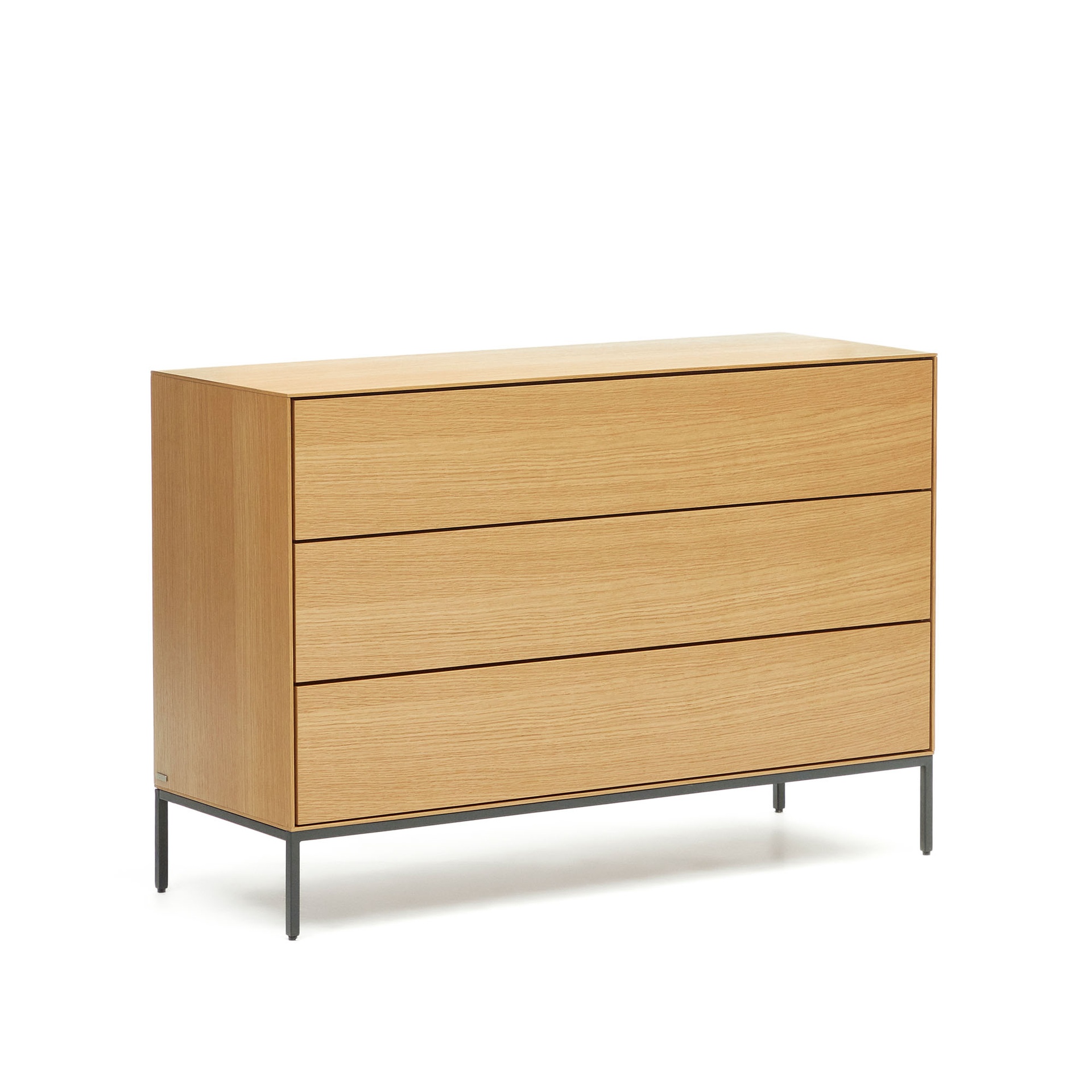 Vedrana 3 drawer chest of drawers in oak veneer with black steel legs, 110 x 75 cm