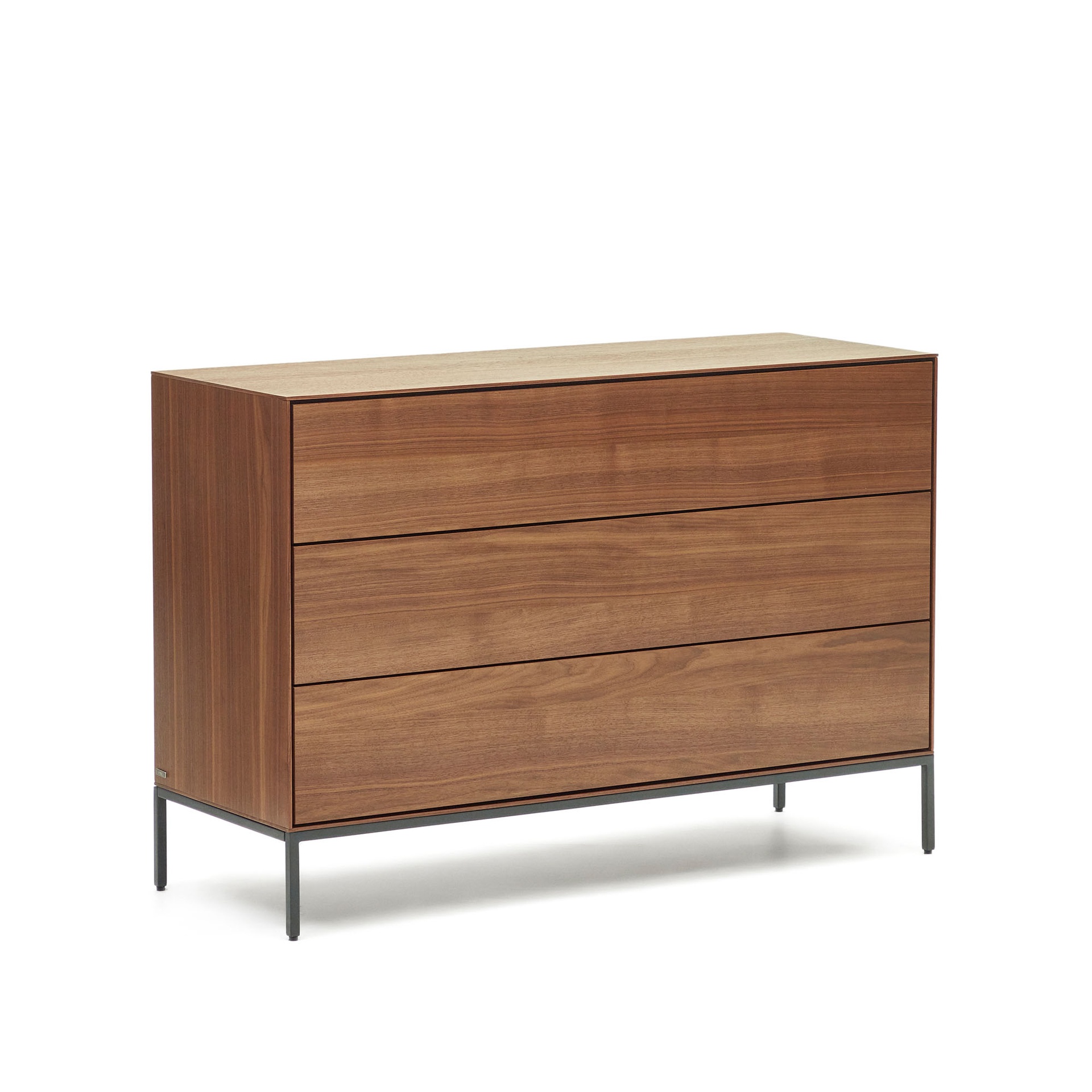 Vedrana 3 drawer chest of drawers in walnut veneer with black steel legs, 110 x 75 cm