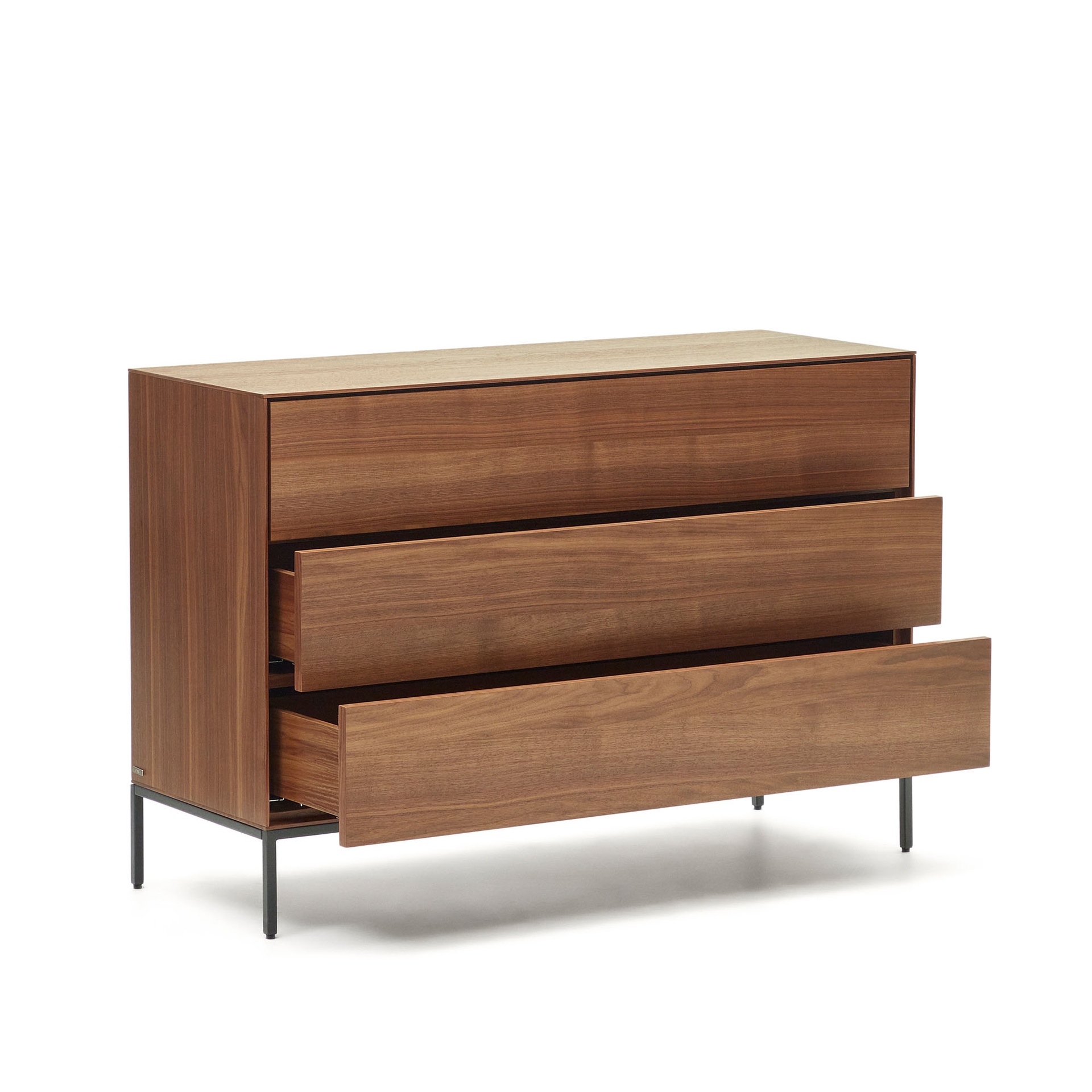 Vedrana 3 drawer chest of drawers in walnut veneer with black steel legs, 110 x 75 cm