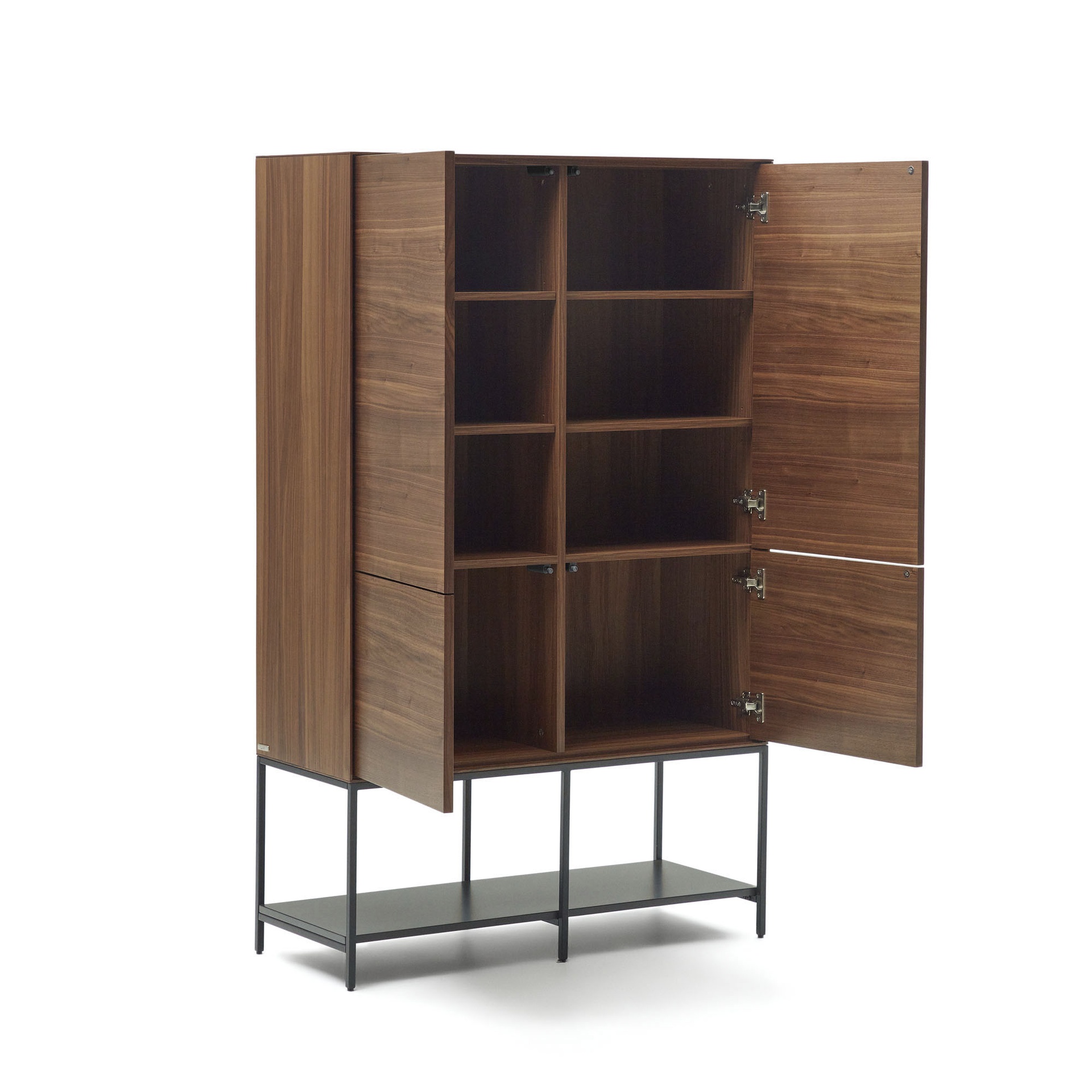 Vedrana 4 door tall sideboard in walnut veneer with steel legs, 97.5 x 160 cm
