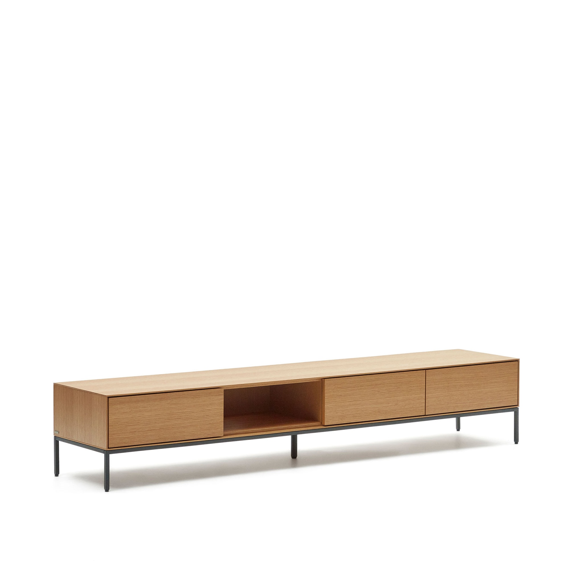 Vedrana 3 drawer TV stand in oak veneer with black steel legs, 195 x 35 cm