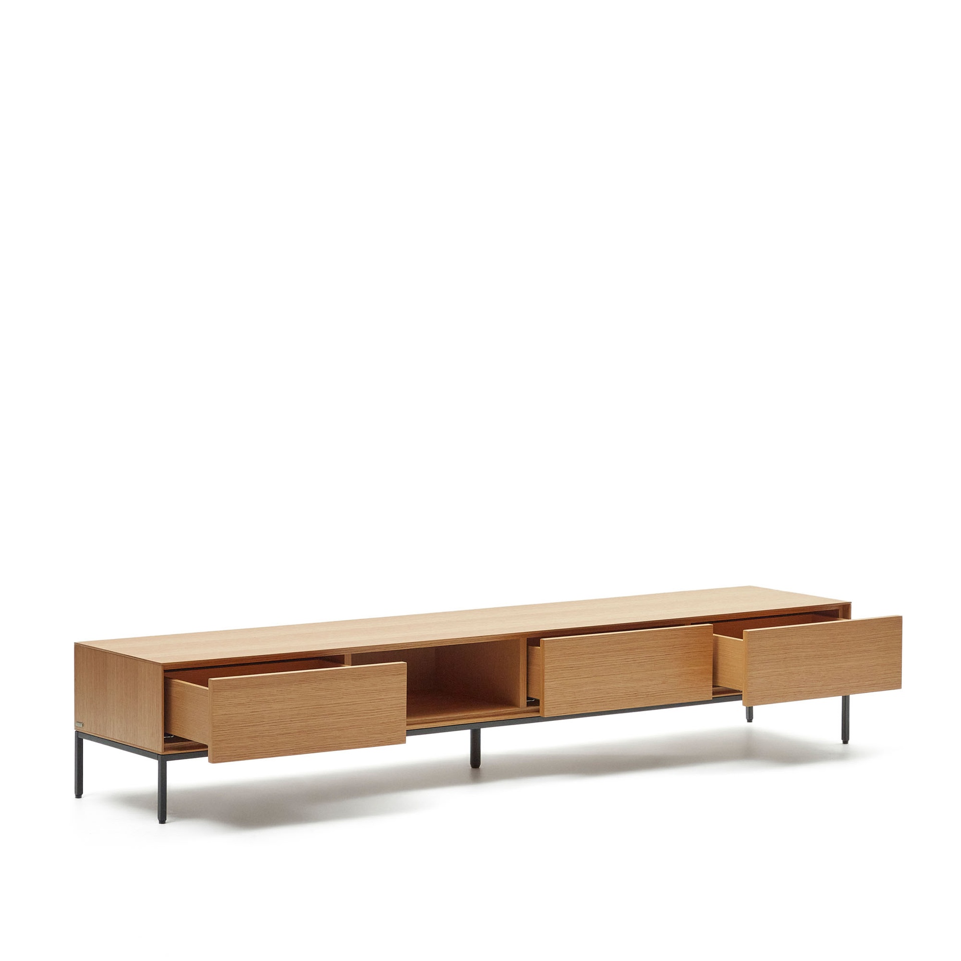 Vedrana 3 drawer TV stand in oak veneer with black steel legs, 195 x 35 cm