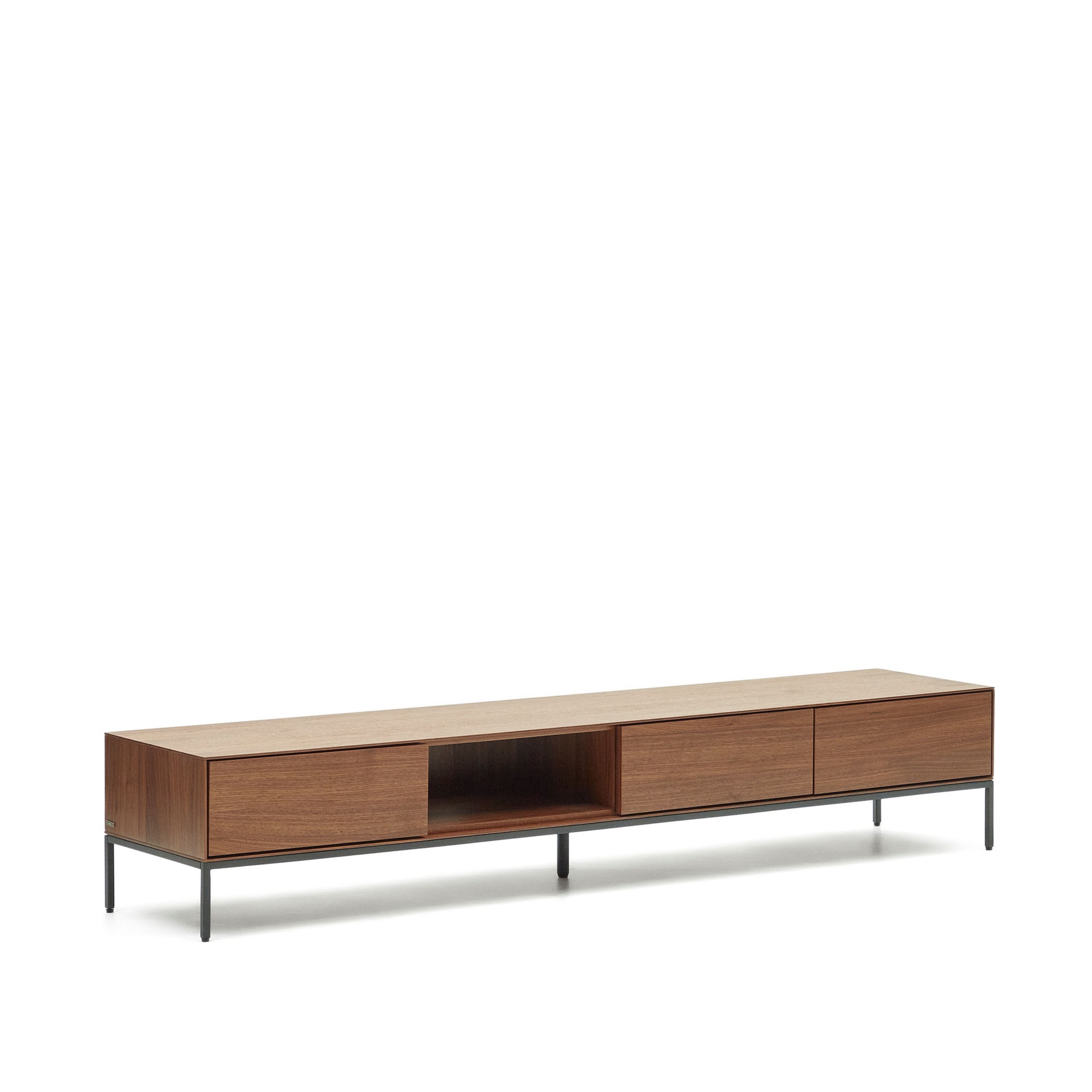 Vedrana 3 drawer TV stand in walnut veneer with black steel legs, 195 x 35 cm