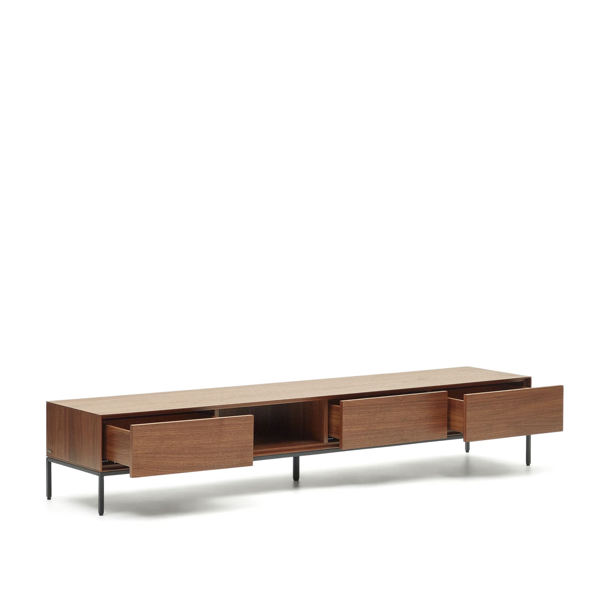 Vedrana 3 drawer TV stand in walnut veneer with black steel legs, 195 x 35 cm