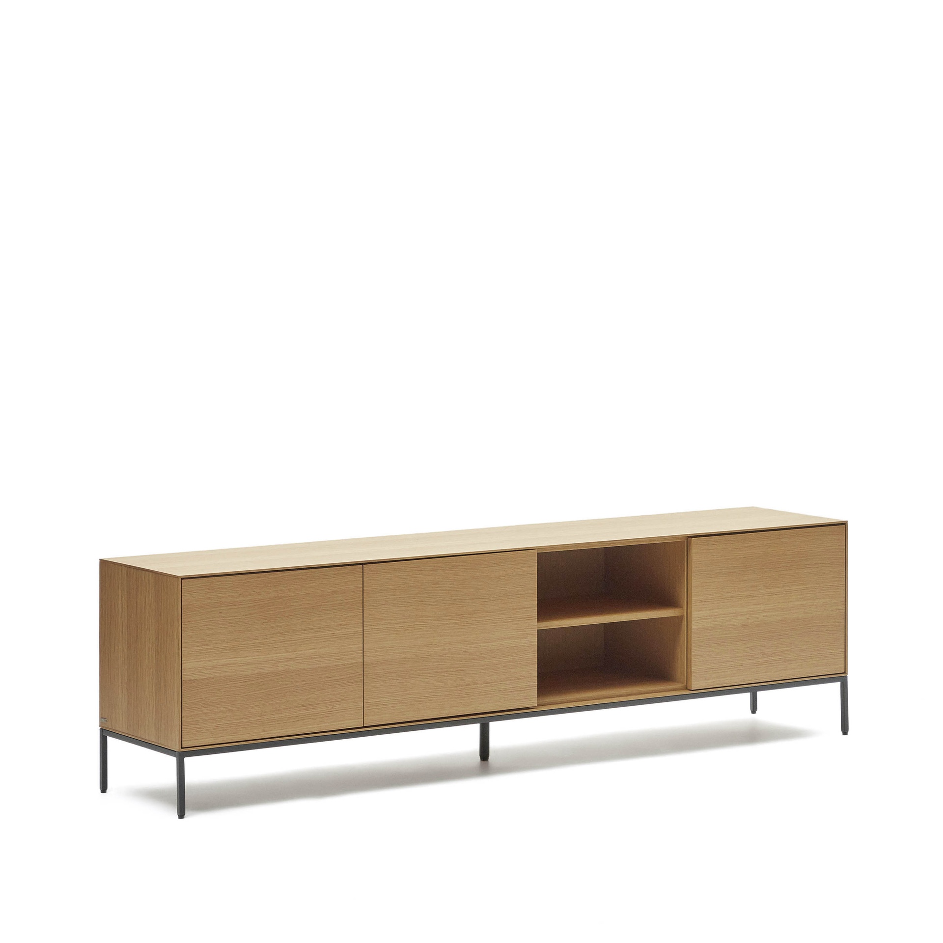 Vedrana 3 drawer TV stand in oak veneer with black steel legs, 195 x 55 cm