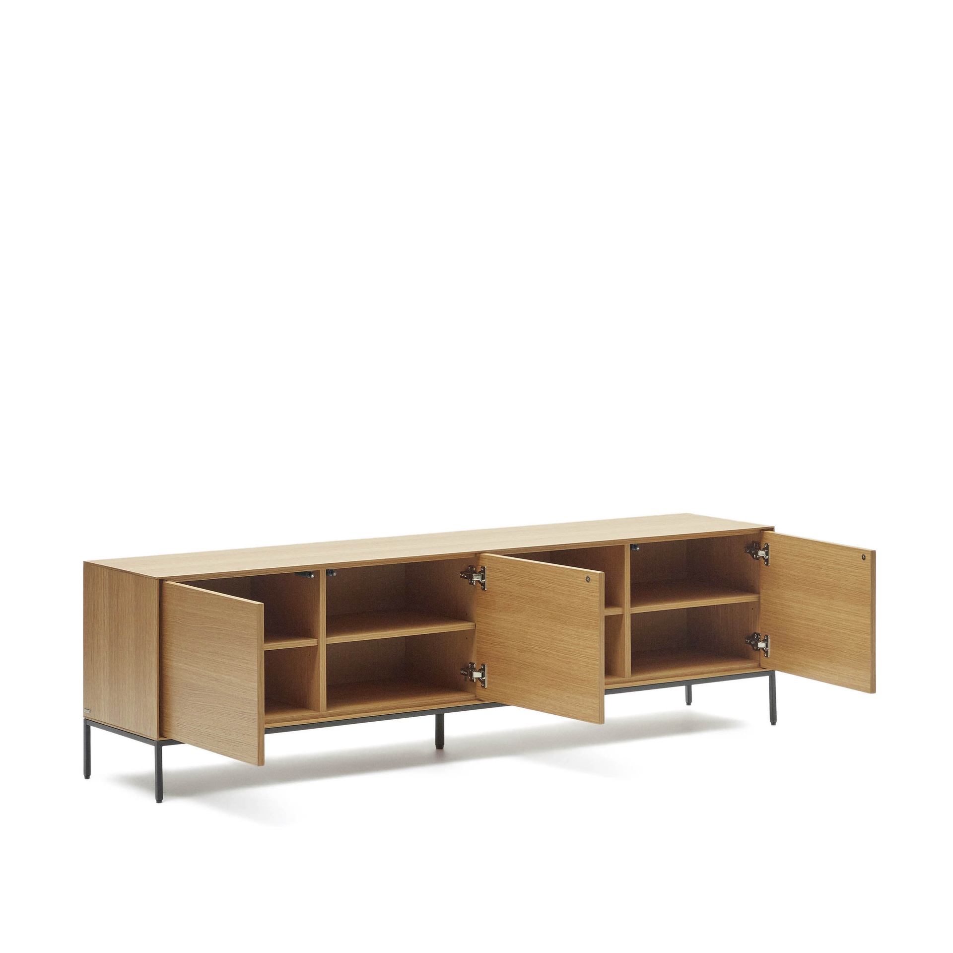 Vedrana 3 drawer TV stand in oak veneer with black steel legs, 195 x 55 cm
