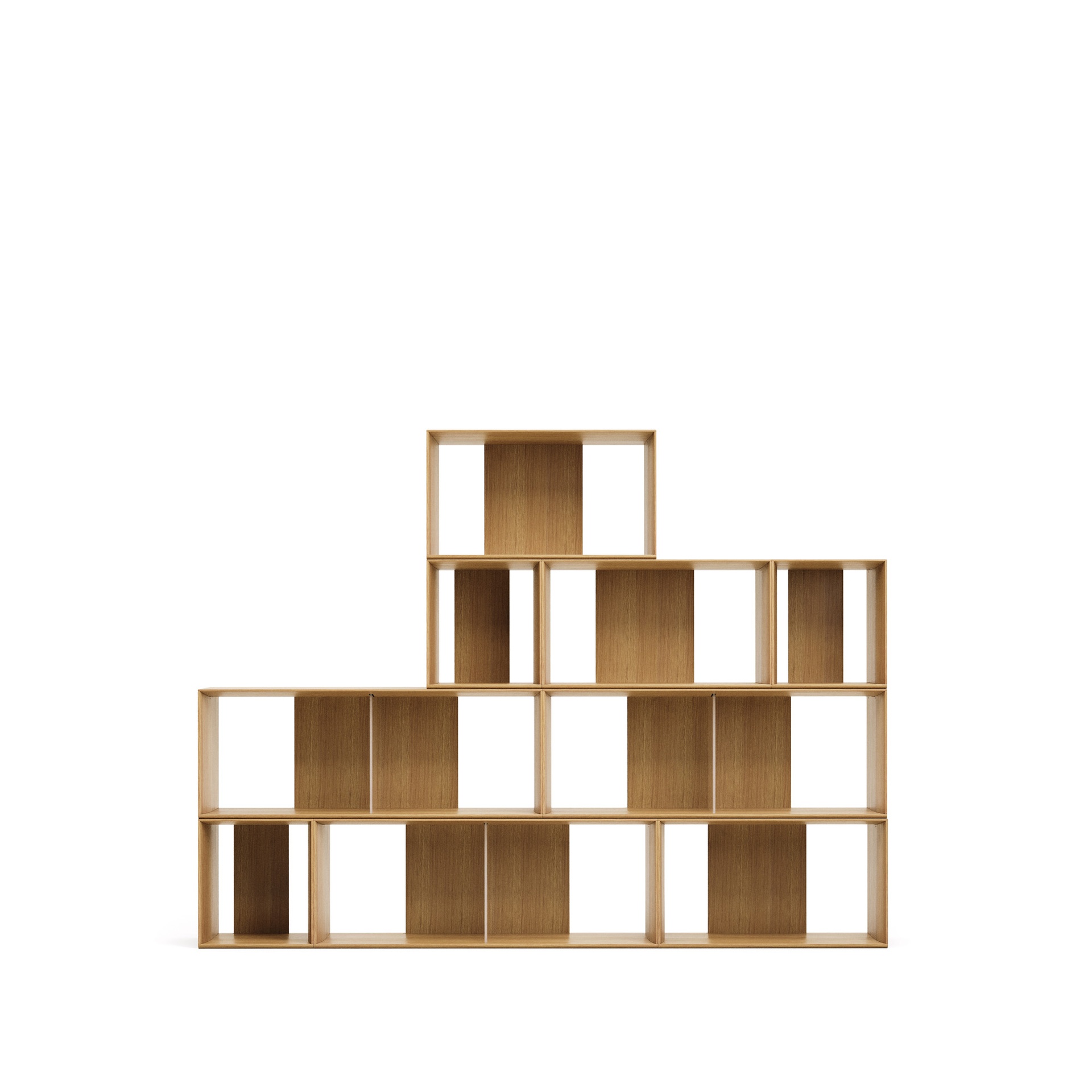 Litto set of 9 modular shelving units in oak wood veneer, 202 x 114 cm