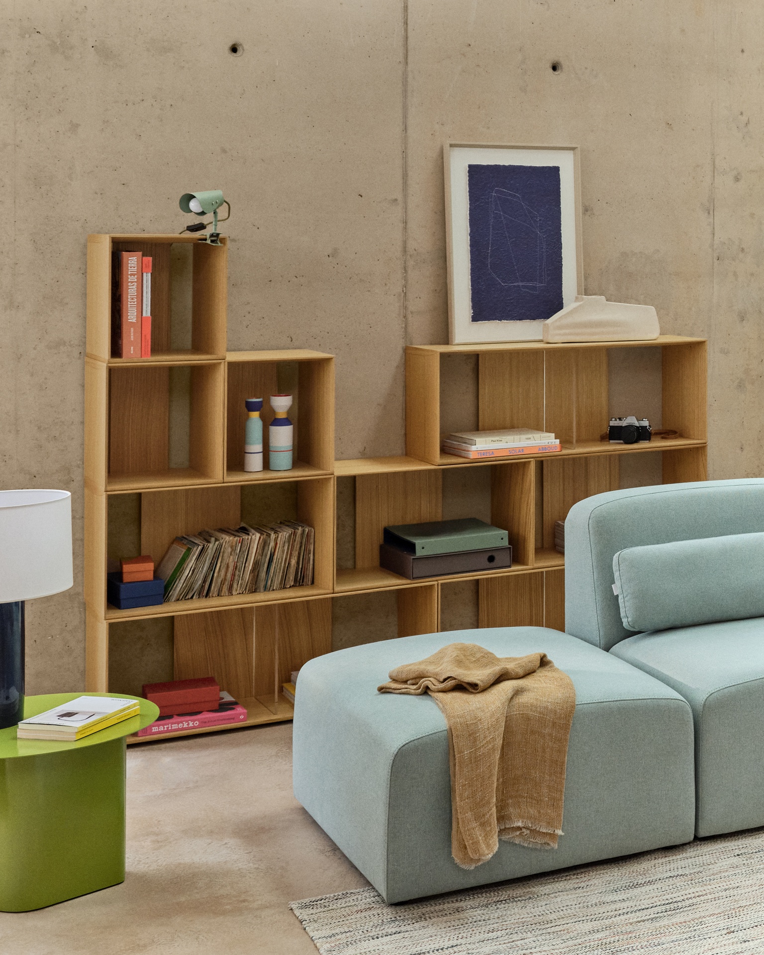 Litto set of 9 modular shelving units in oak wood veneer, 202 x 114 cm