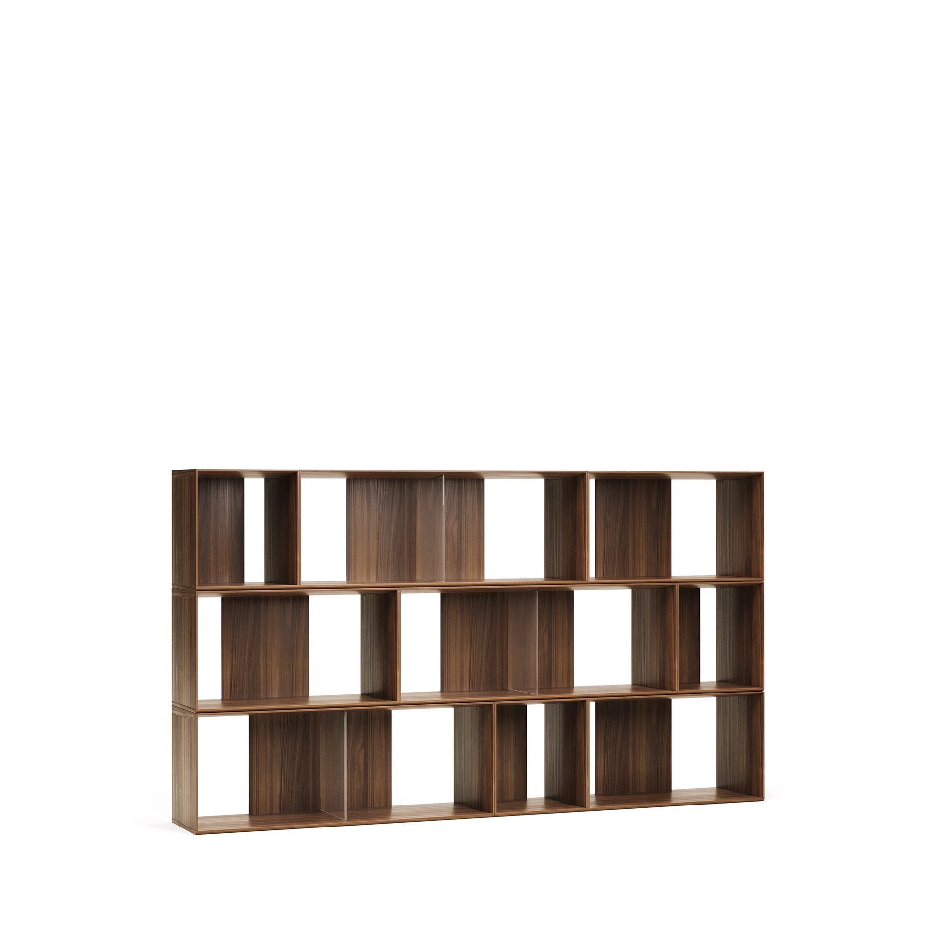 Litto set of 9 modular shelving units in walnut wood veneer, 202 x 114 cm