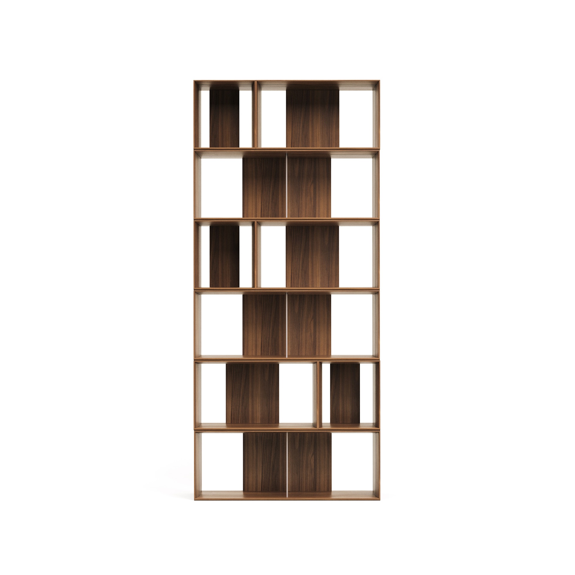 Litto set of 9 modular shelving units in walnut wood veneer, 202 x 114 cm