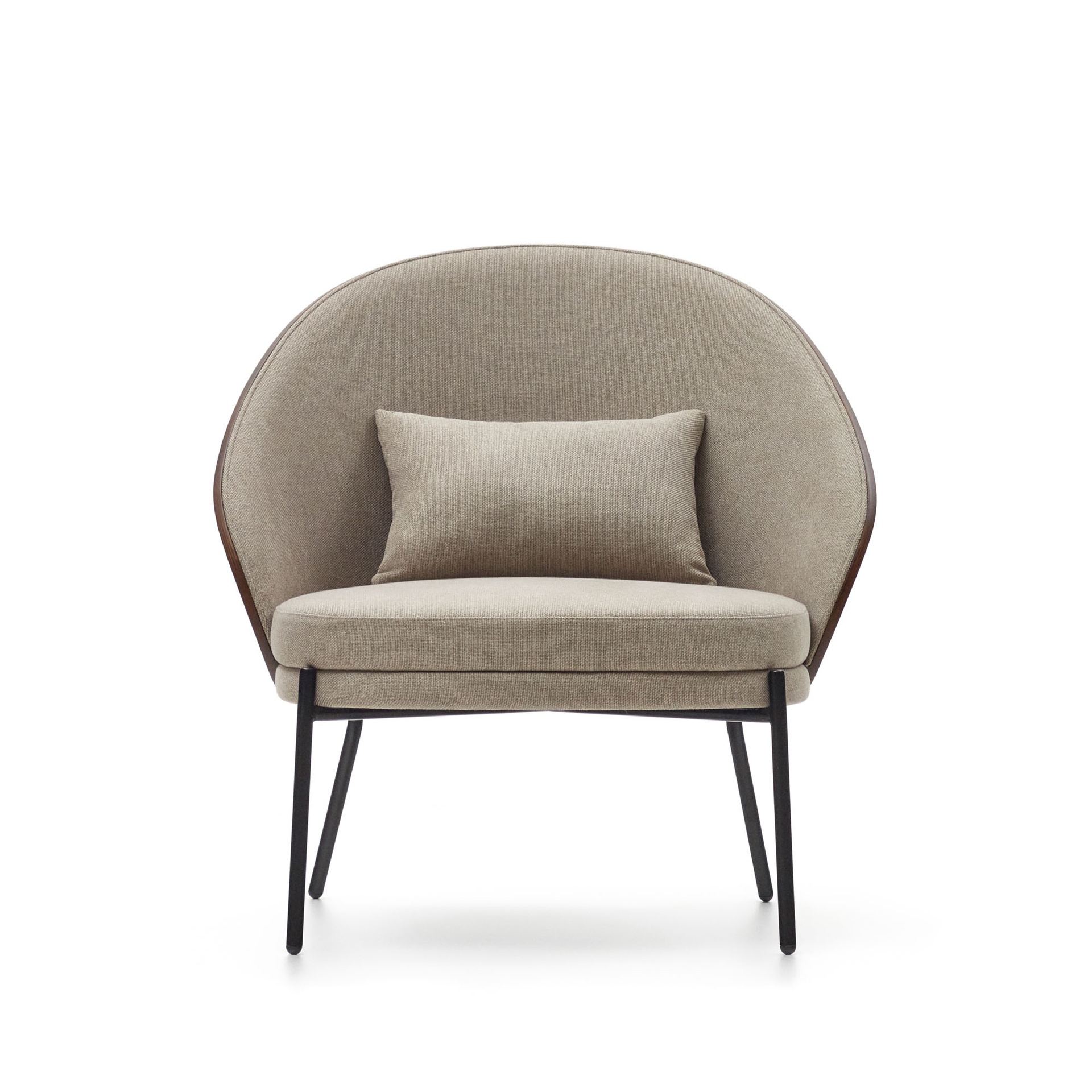 Eamy light brown armchair in an ash wood veneer with a walnut finish and black metal