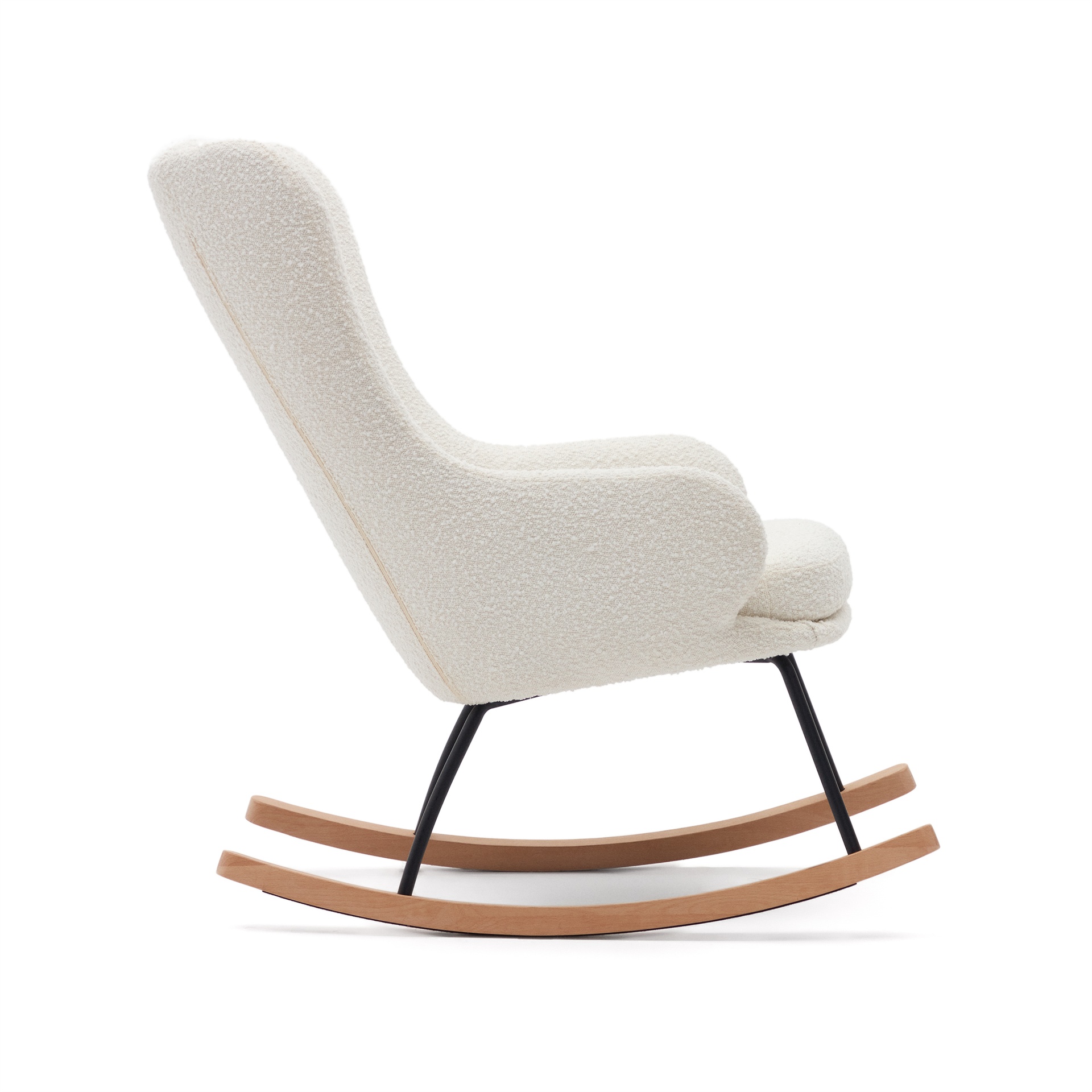 Maustin rocking chair in white bouclé with a black steel structure and beech wood