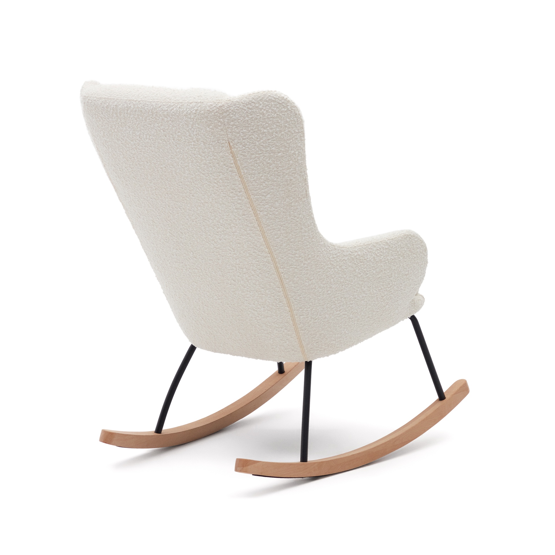 Maustin rocking chair in white bouclé with a black steel structure and beech wood