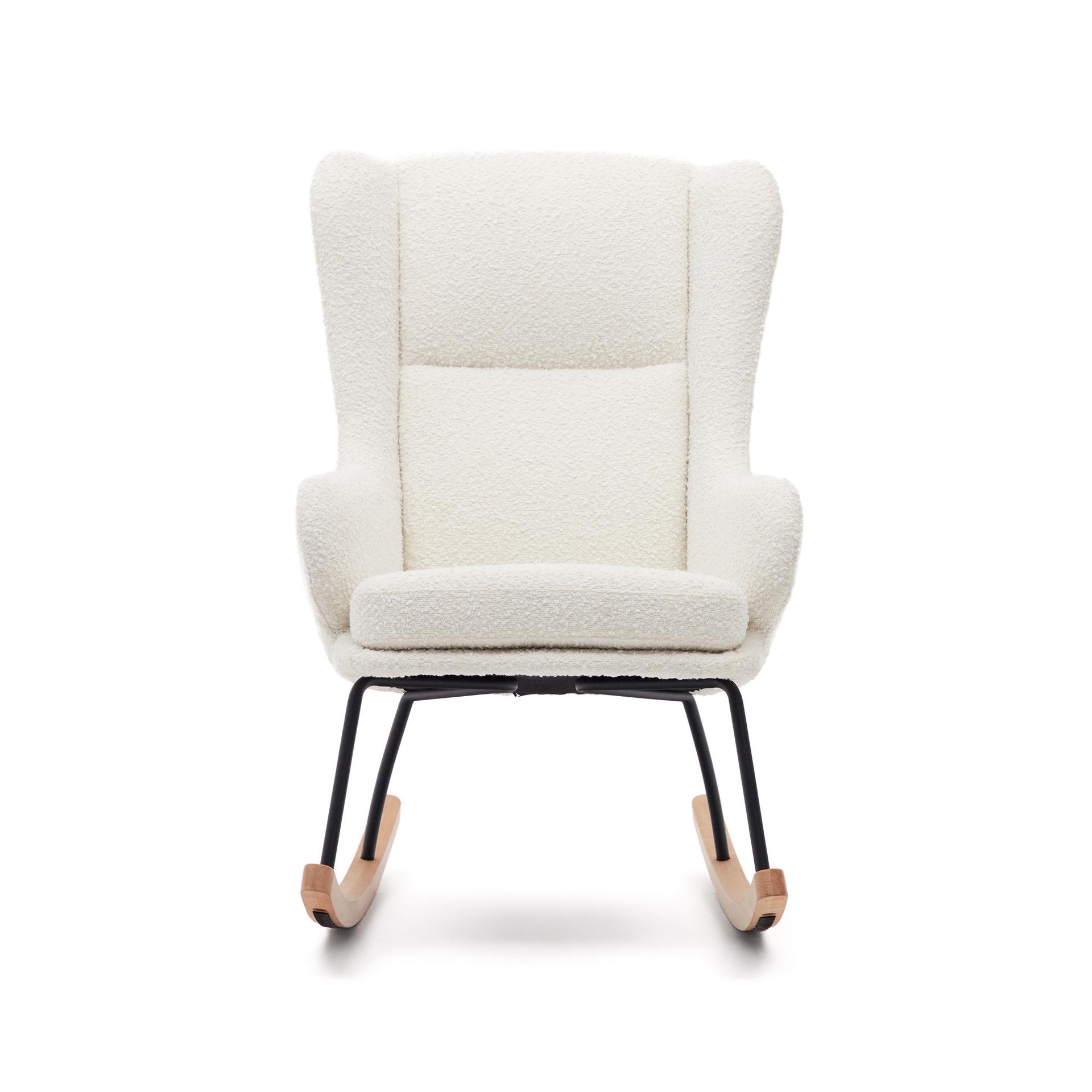Maustin rocking chair in white bouclé with a black steel structure and beech wood