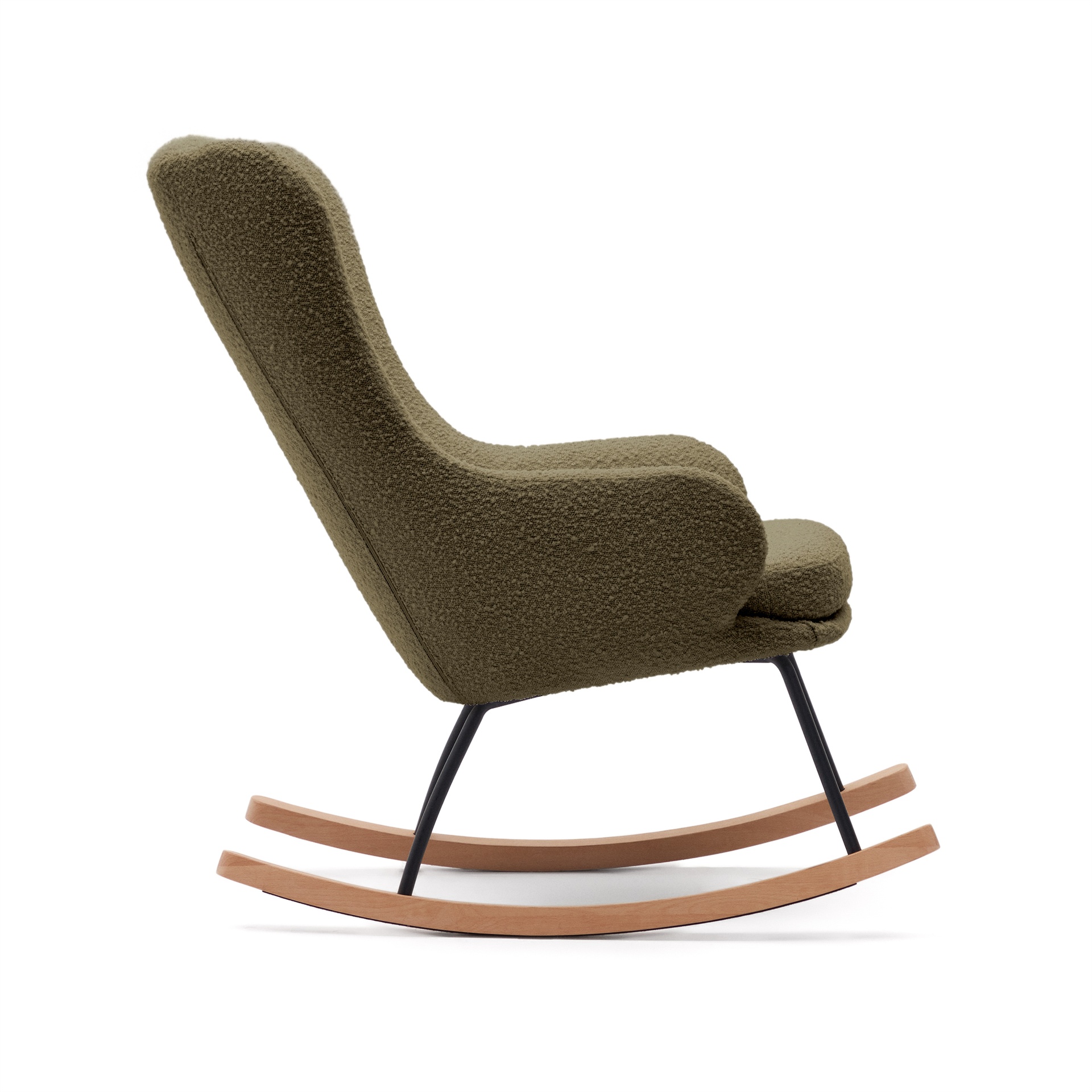 Maustin rocking chair in green bouclé with a dark green steel structure and beech wood