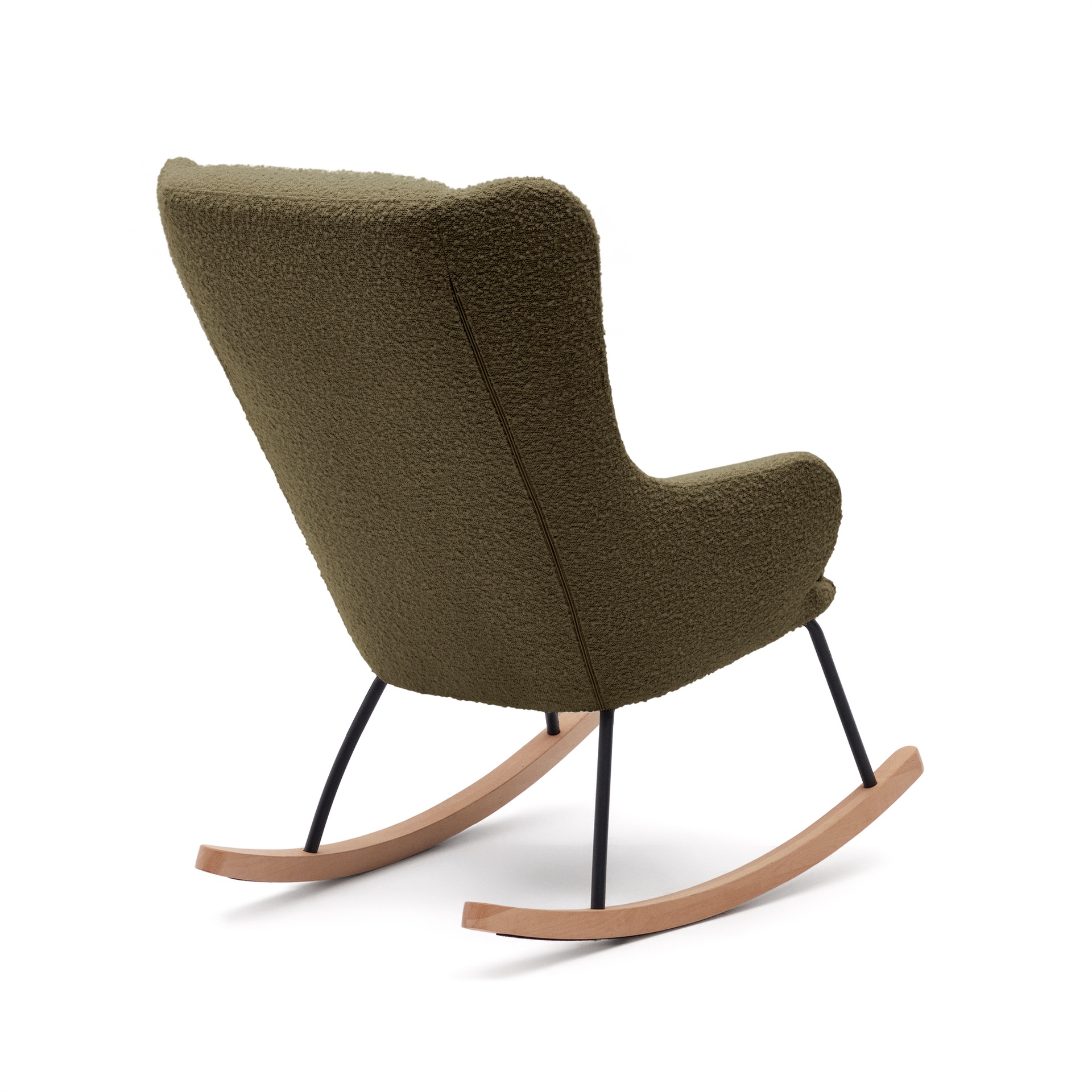 Maustin rocking chair in green bouclé with a dark green steel structure and beech wood