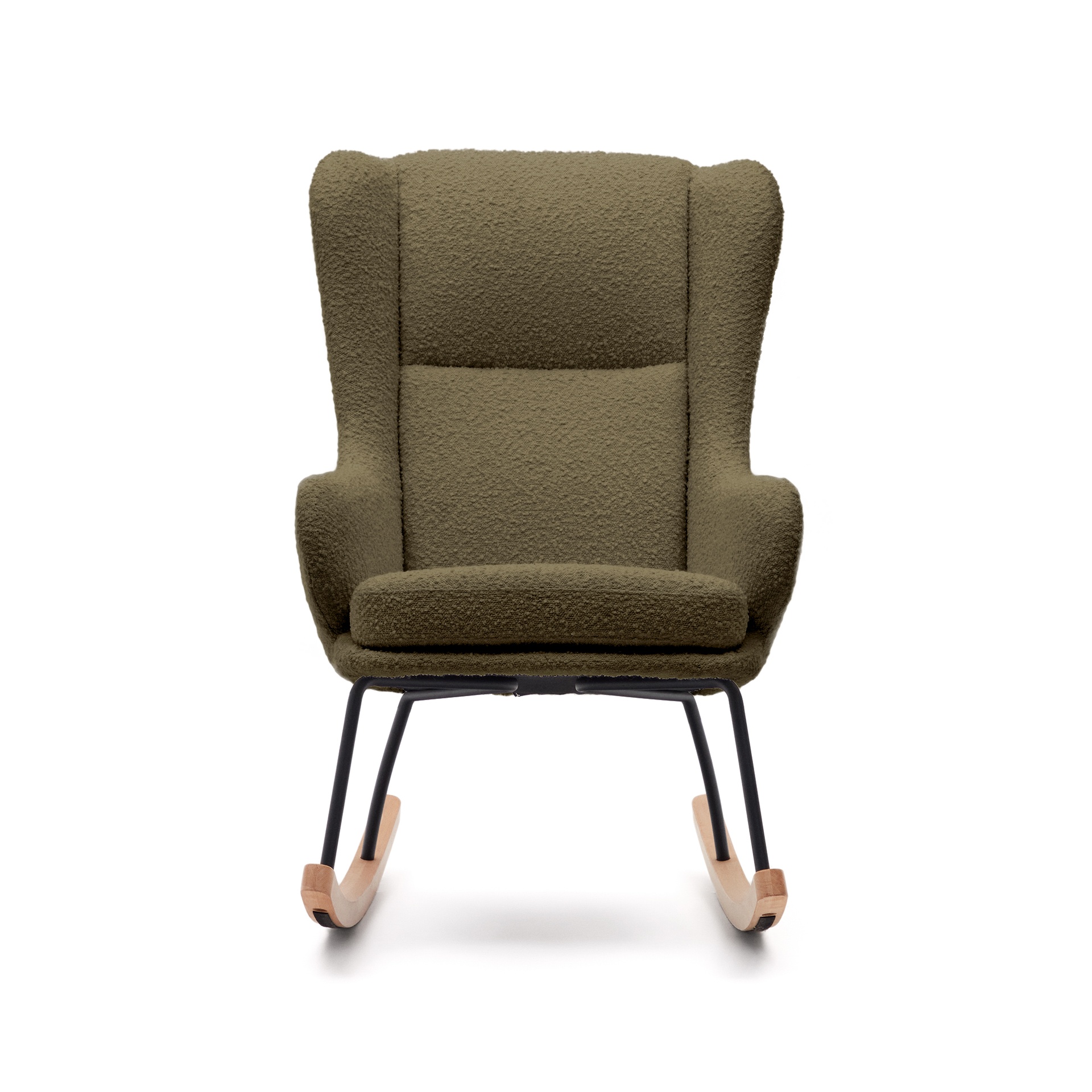 Maustin rocking chair in green bouclé with a dark green steel structure and beech wood