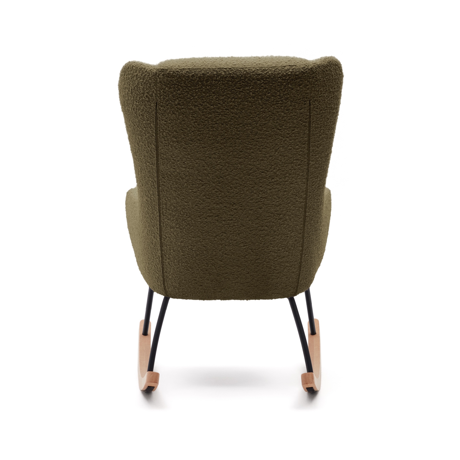 Maustin rocking chair in green bouclé with a dark green steel structure and beech wood