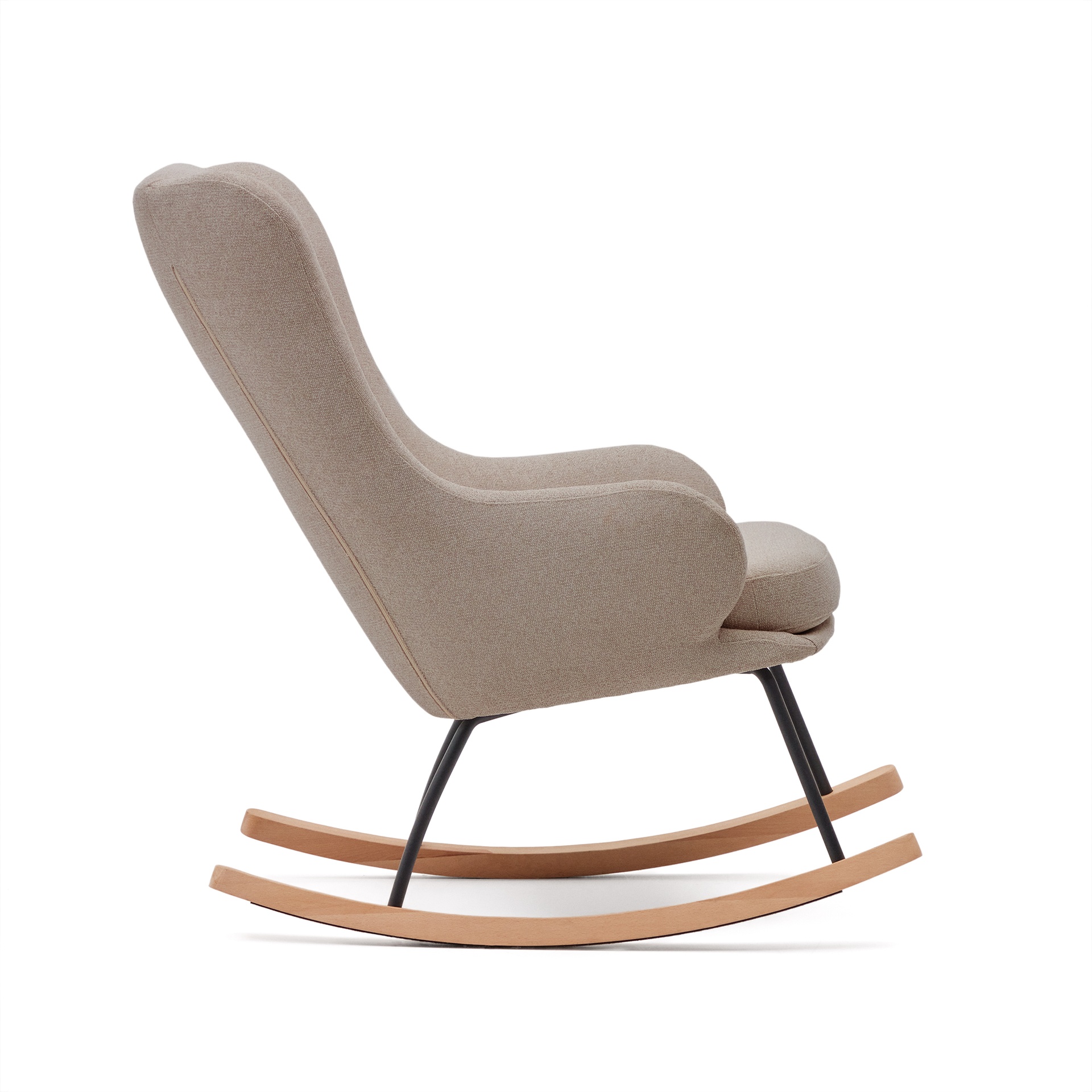 Maustin rocking chair in beige chenille with a black steel structure and beech wood 