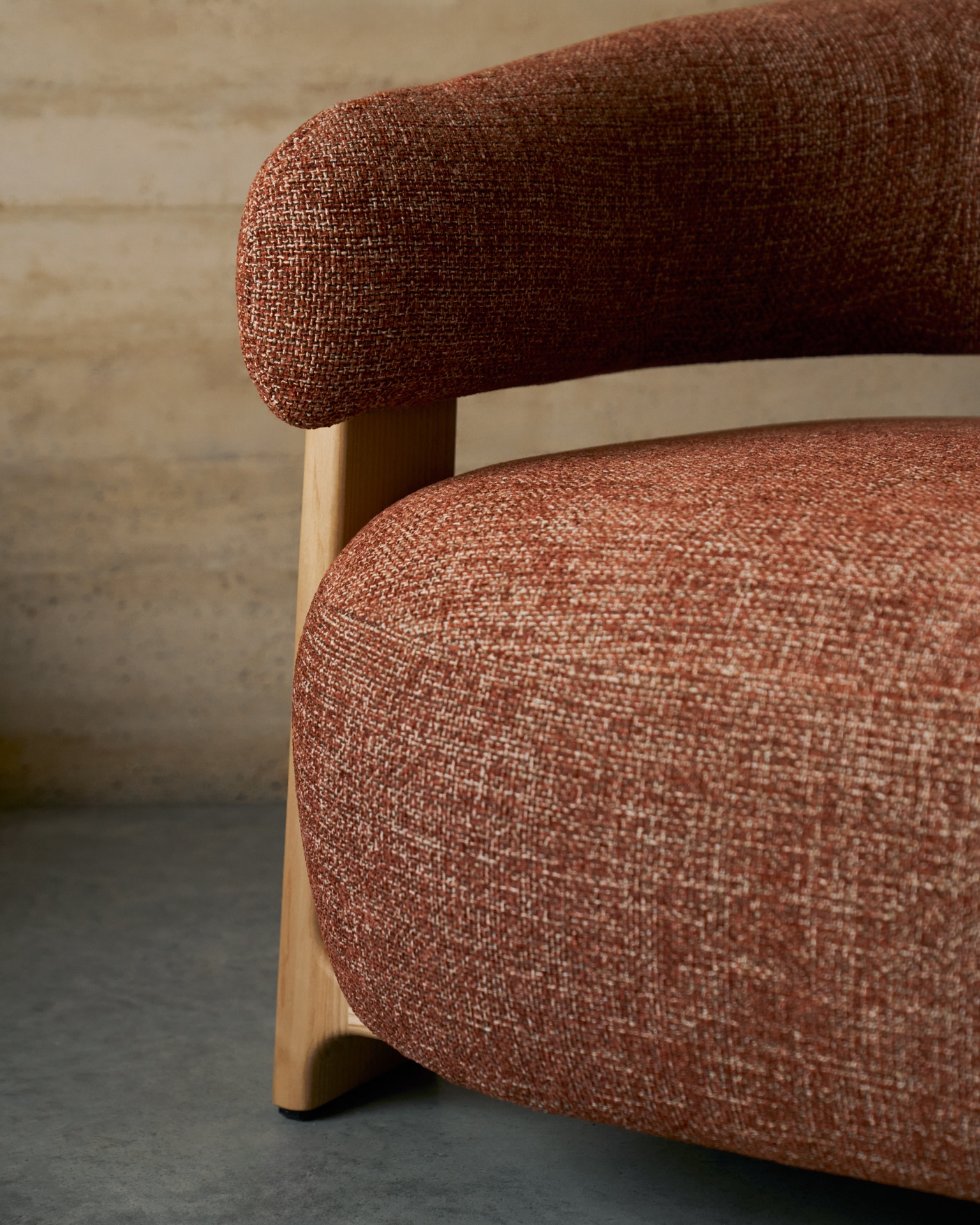 Granite terracotta chenille armchair with solid ash wood legs in a natural finish FSC 100%