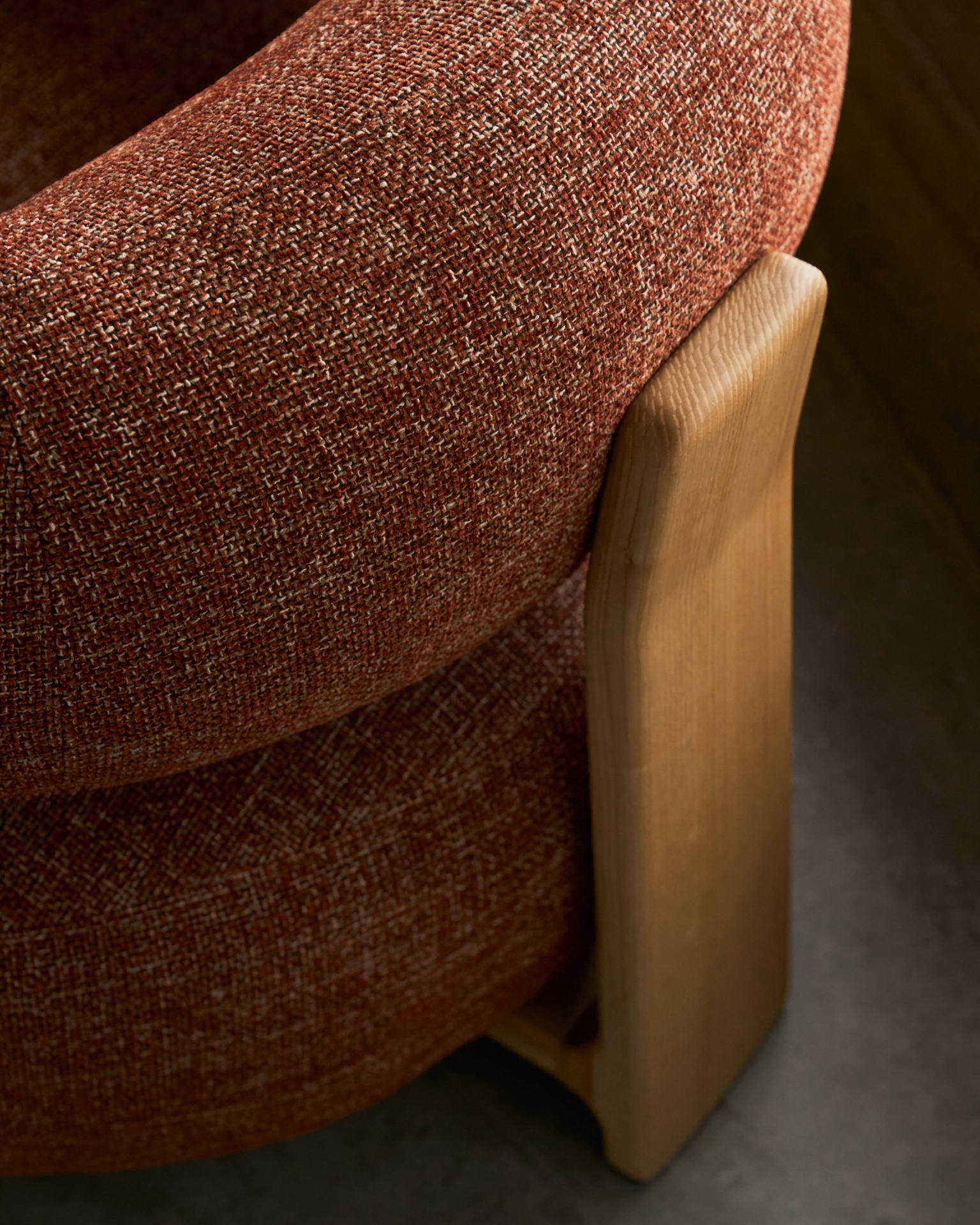 Granite terracotta chenille armchair with solid ash wood legs in a natural finish FSC 100%