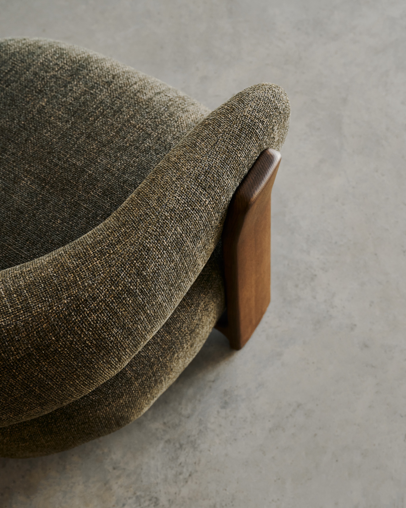 Granite green chenille armchair with solid ash wood legs in a walnut finish FSC 100%