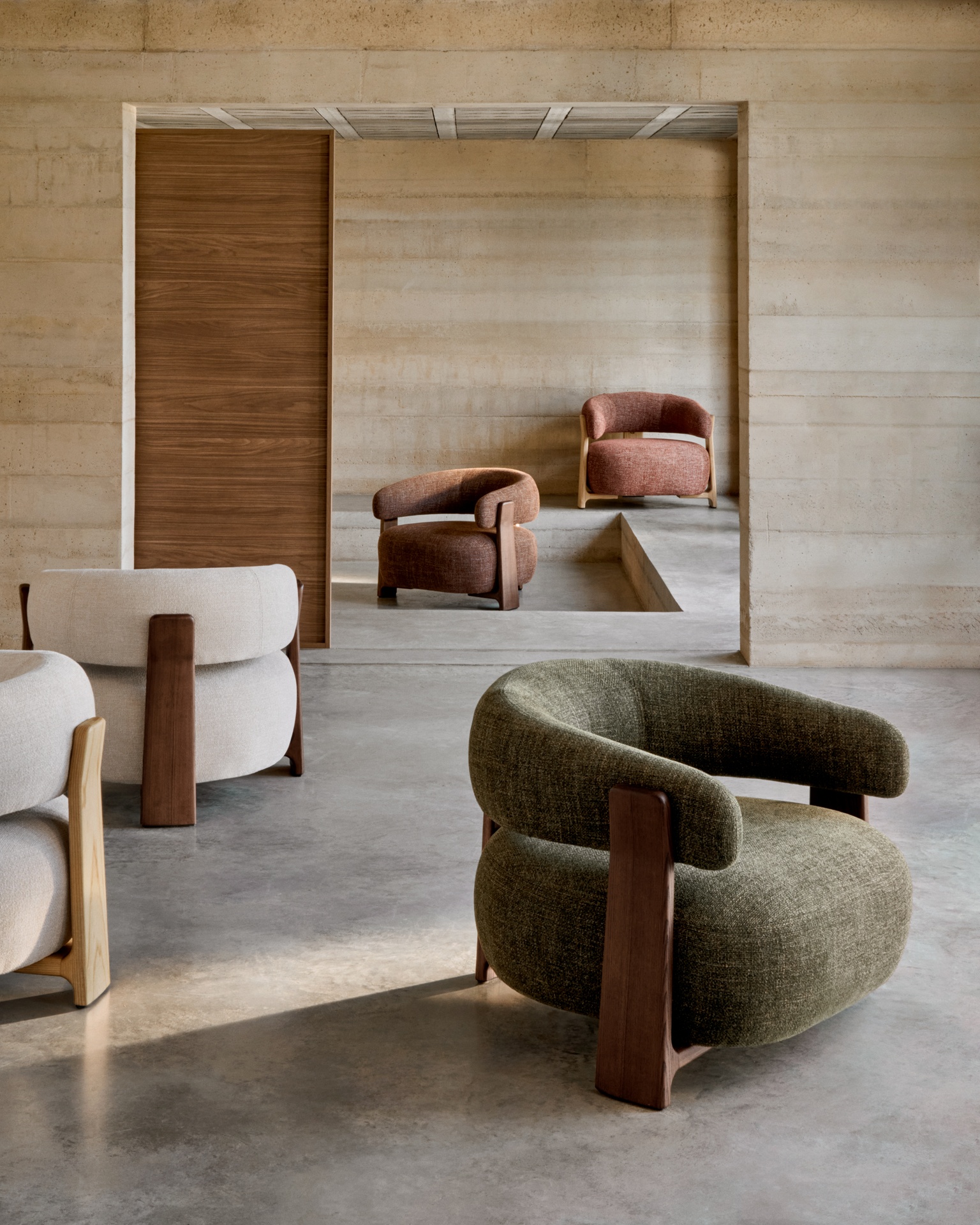 Granite green chenille armchair with solid ash wood legs in a walnut finish FSC 100%