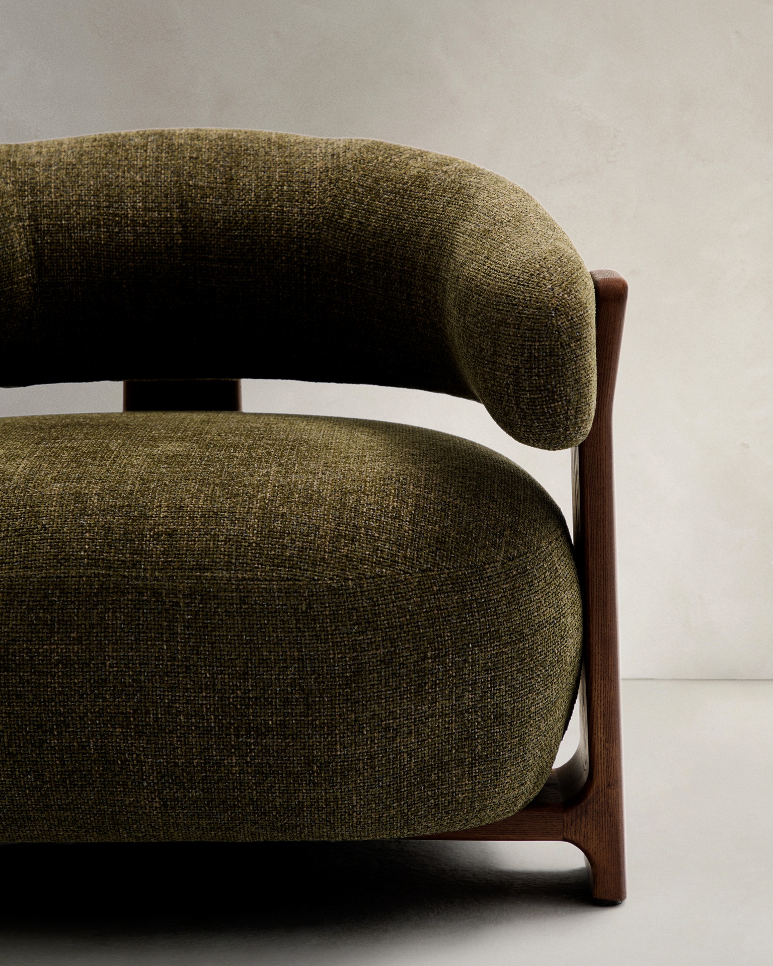 Granite green chenille armchair with solid ash wood legs in a walnut finish FSC 100%