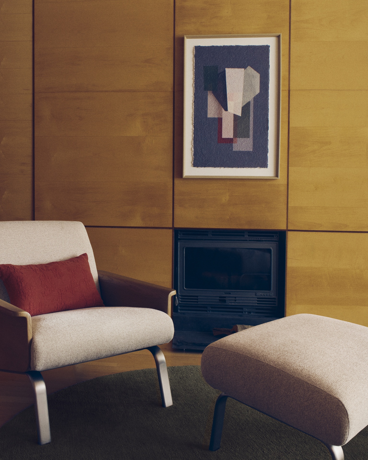 Amsen beige armchair in oak plywood with legs in brushed stainless steel FSC 100%