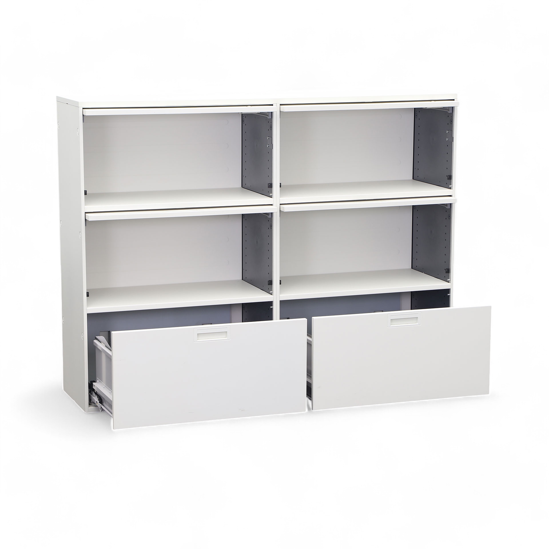 Modulschränke Lista LO Qub, weiss, Metallschrank, Klappen, Schubladen