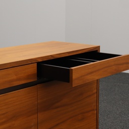 Konferenztisch Bootsförmig Nussbaum mit Wilkhahn Stühlen und Sideboard