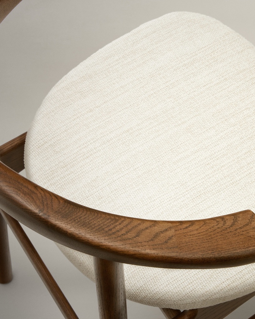 Timons chair removable cover in beige chenille solid oak wood walnut finish FSC Mix Credit