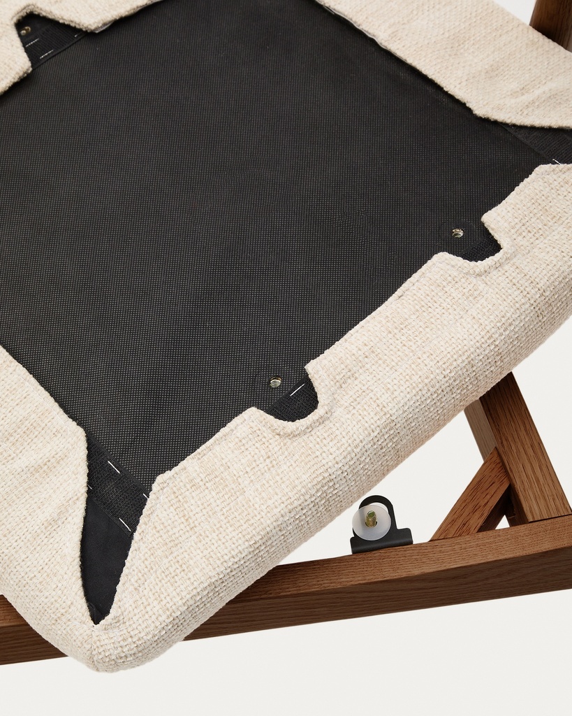 Timons chair removable cover in beige chenille solid oak wood walnut finish FSC Mix Credit