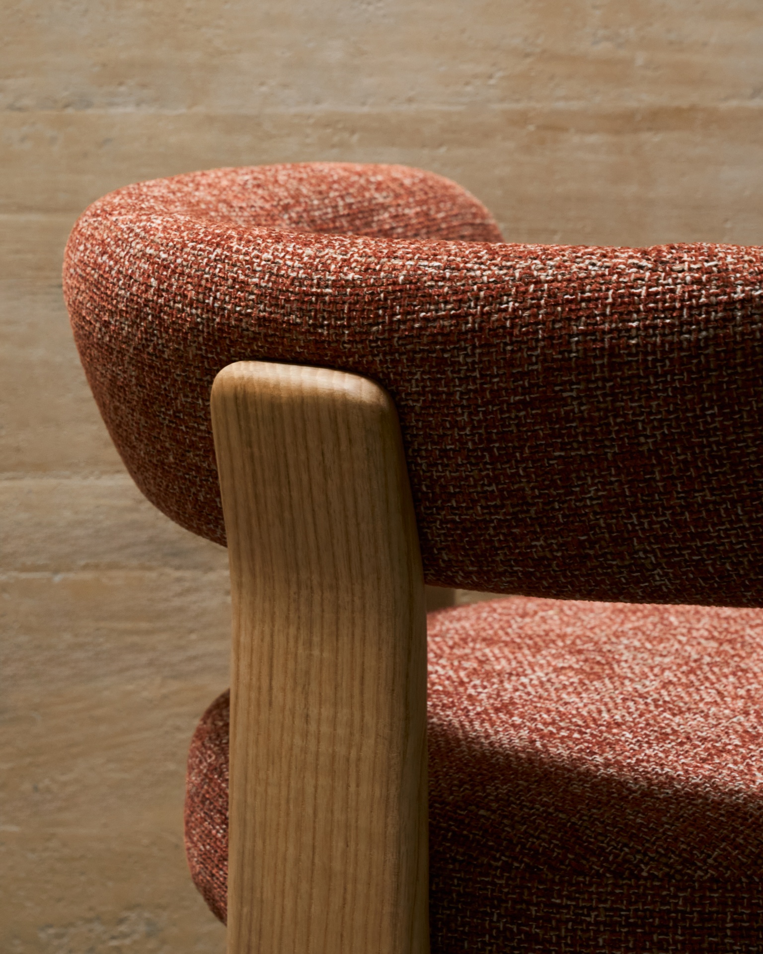 Granite 3-legged chair terracotta chenille and solid ash wood in a natural finish FSC 100%