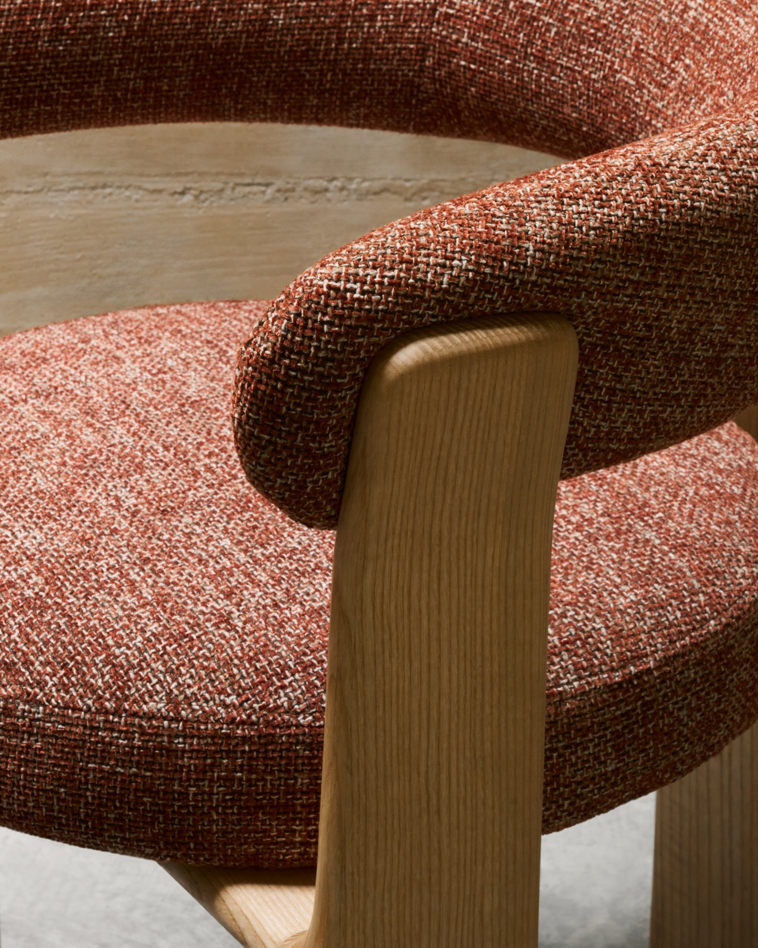 Granite 3-legged chair terracotta chenille and solid ash wood in a natural finish FSC 100%