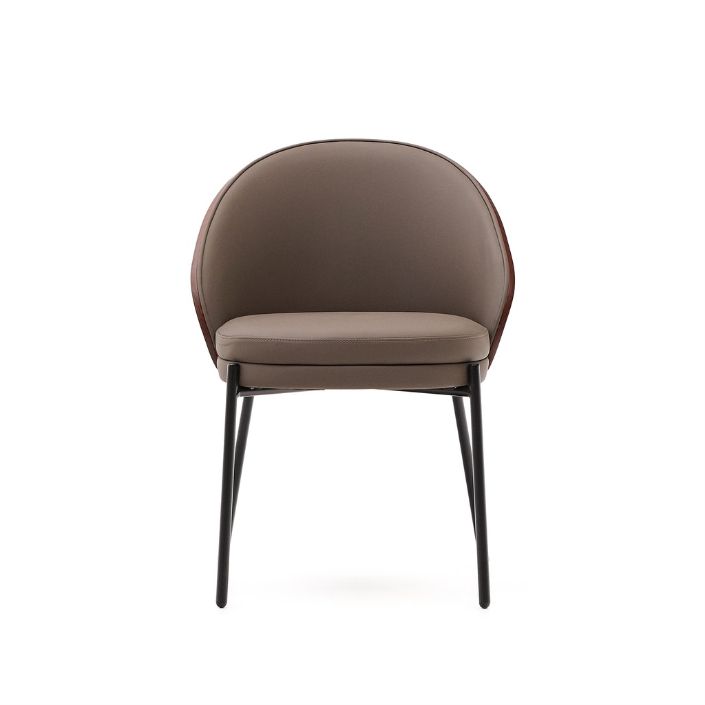 Eamy chair in brown faux leather, ash veneer with walnut and black metal finish