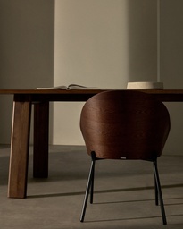 Eamy chair in brown faux leather, ash veneer with walnut and black metal finish