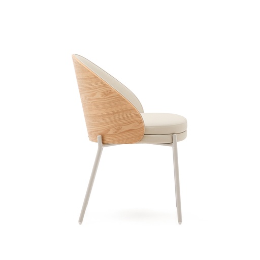 Eamy beige faux leather chair, ash veneer with natural finish and beige metal