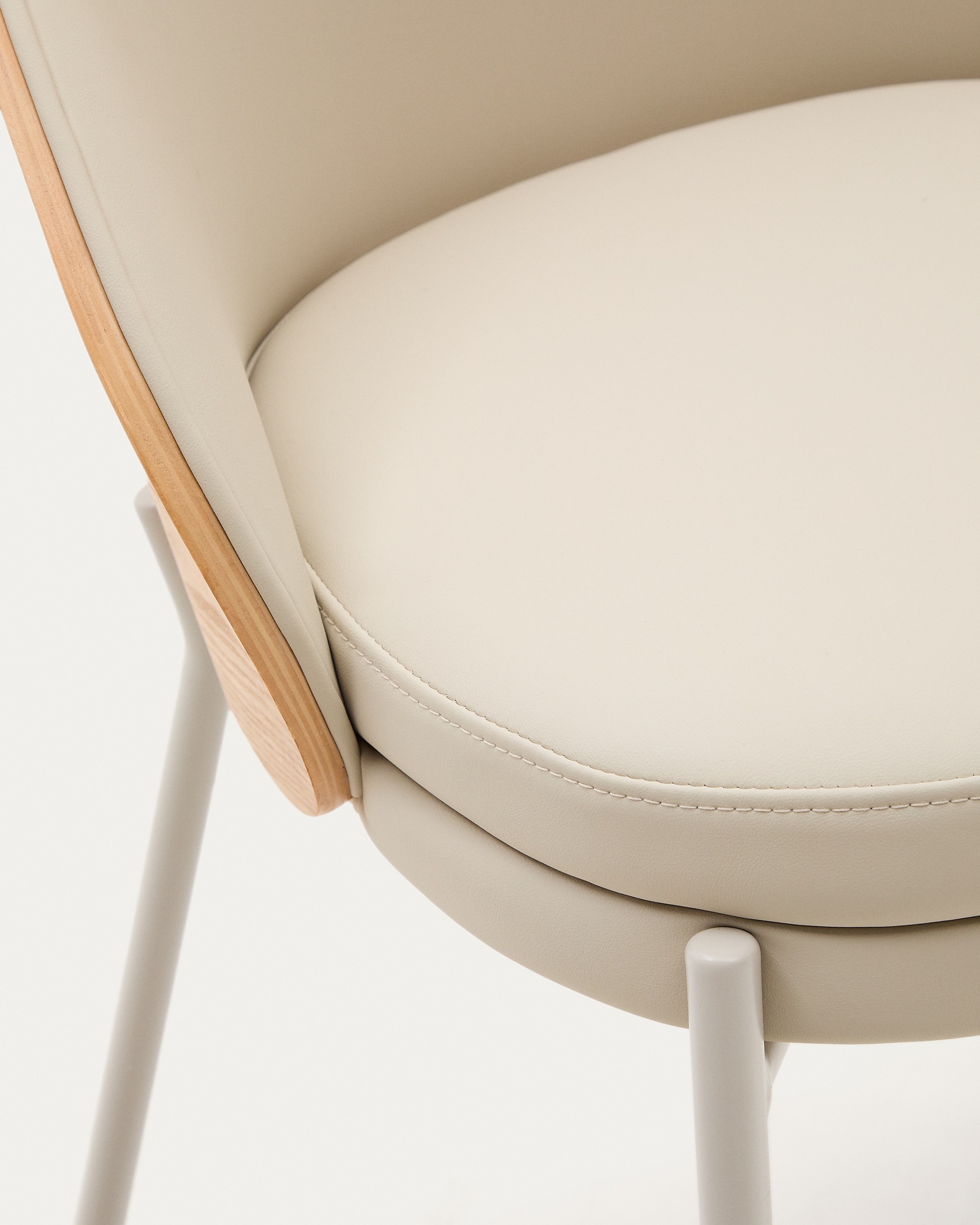 Eamy beige faux leather chair, ash veneer with natural finish and beige metal
