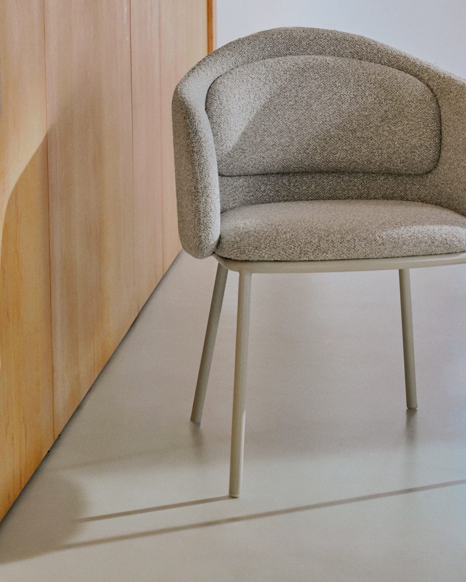 Minda chair in thick beige chenille and steel legs in a beige finish, FSC Mix Credit