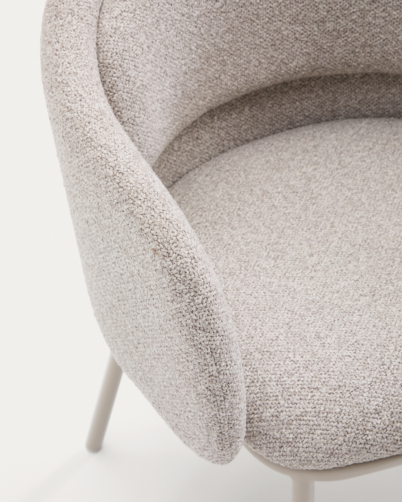 Minda chair in thick beige chenille and steel legs in a beige finish, FSC Mix Credit
