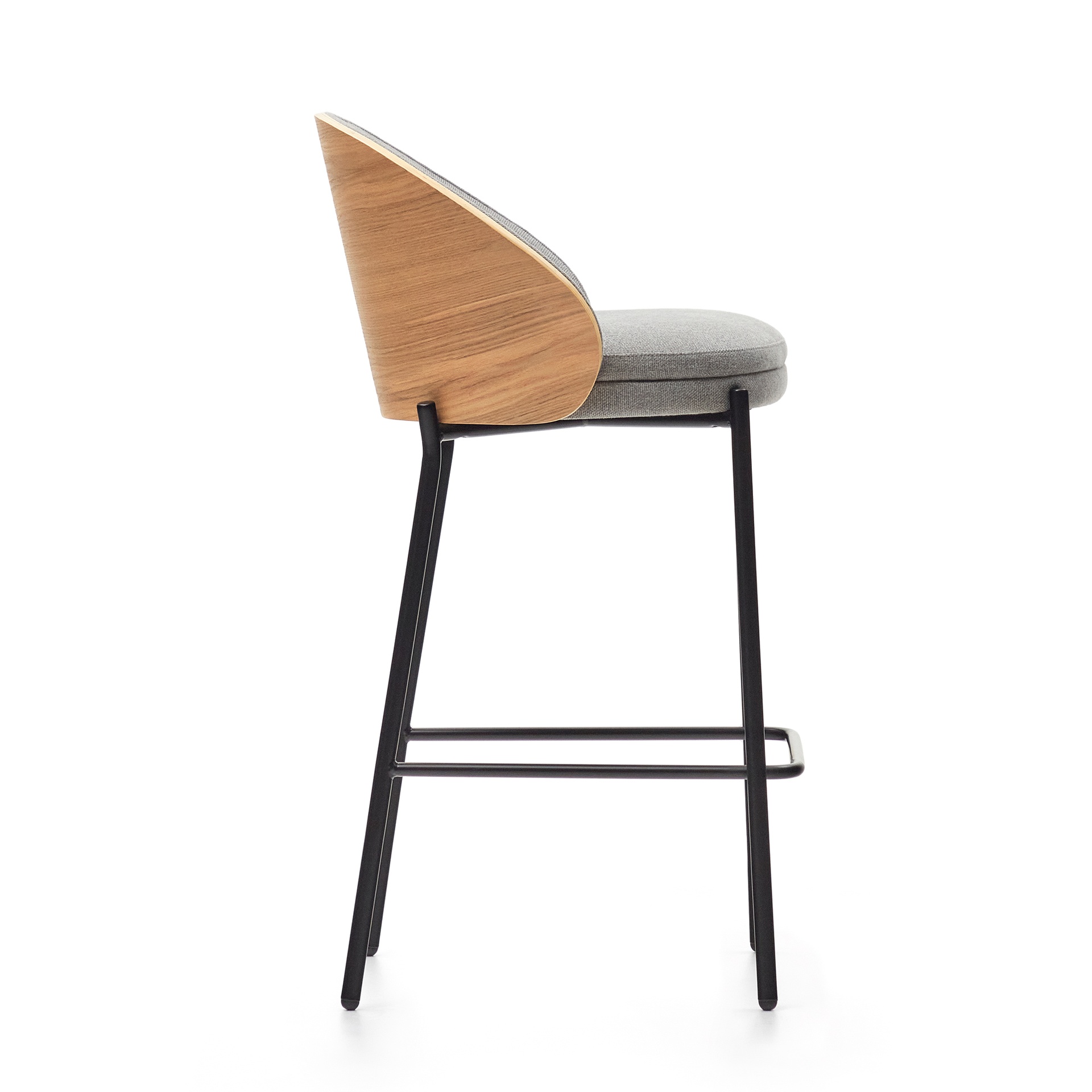 Eamy stool  light grey chenille and ash wood veneer with a natural finish and black metal, 65 cm