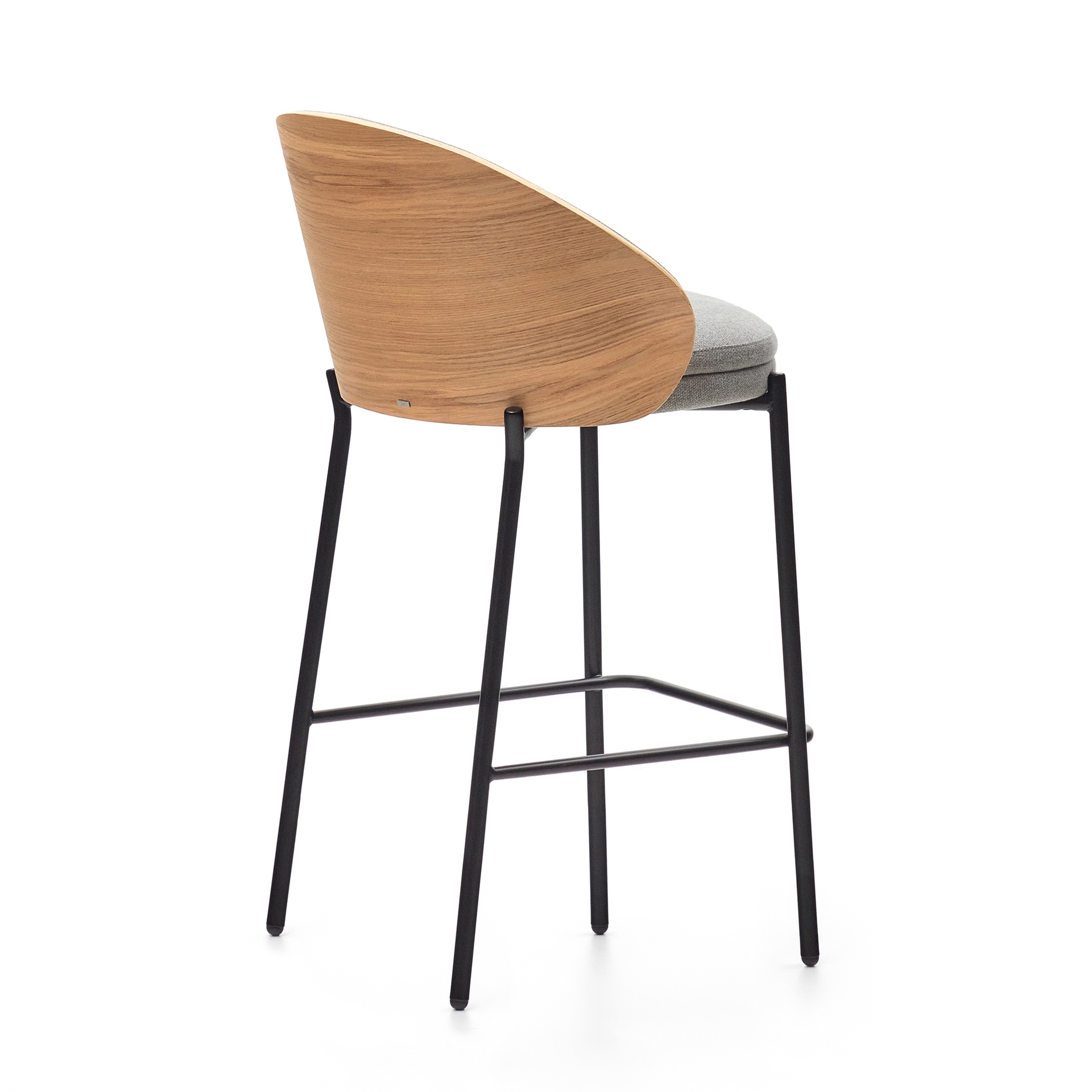 Eamy stool  light grey chenille and ash wood veneer with a natural finish and black metal, 65 cm