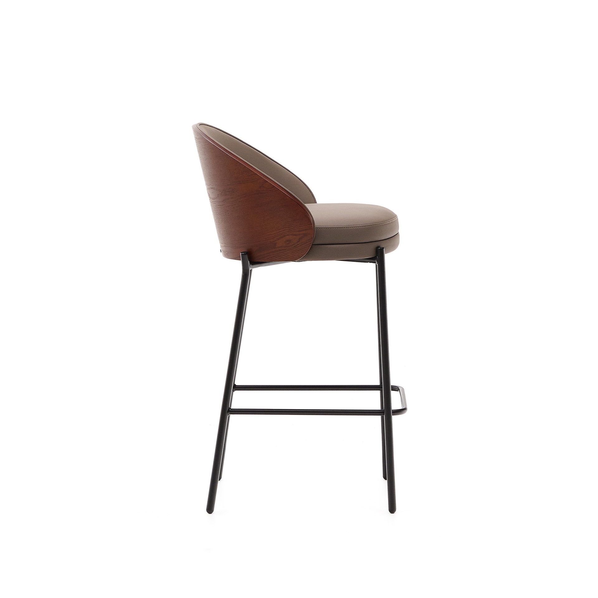 Eamy stool in brown faux leather, ash veneer, walnut finish and black metal 65 cm