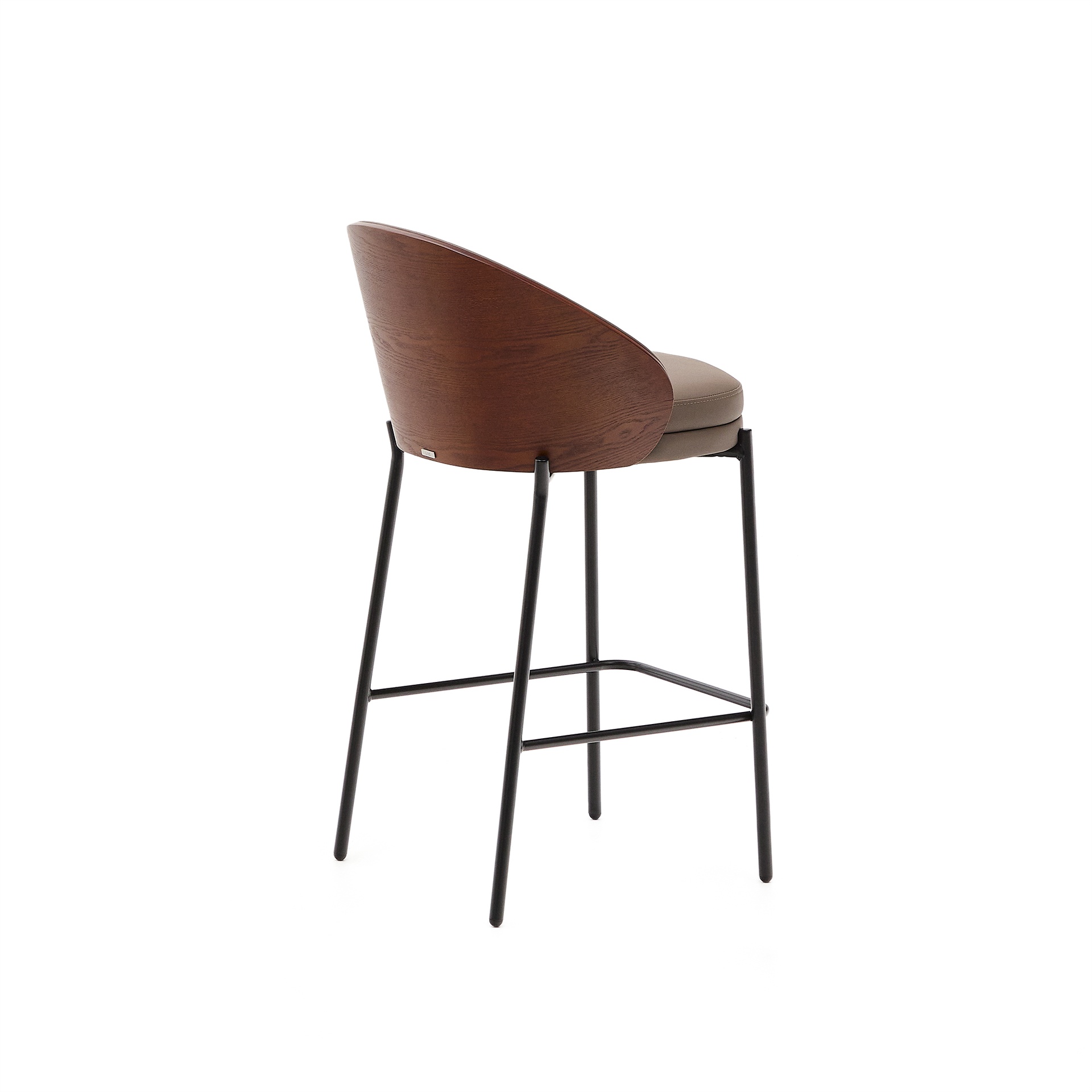 Eamy stool in brown faux leather, ash veneer, walnut finish and black metal 65 cm