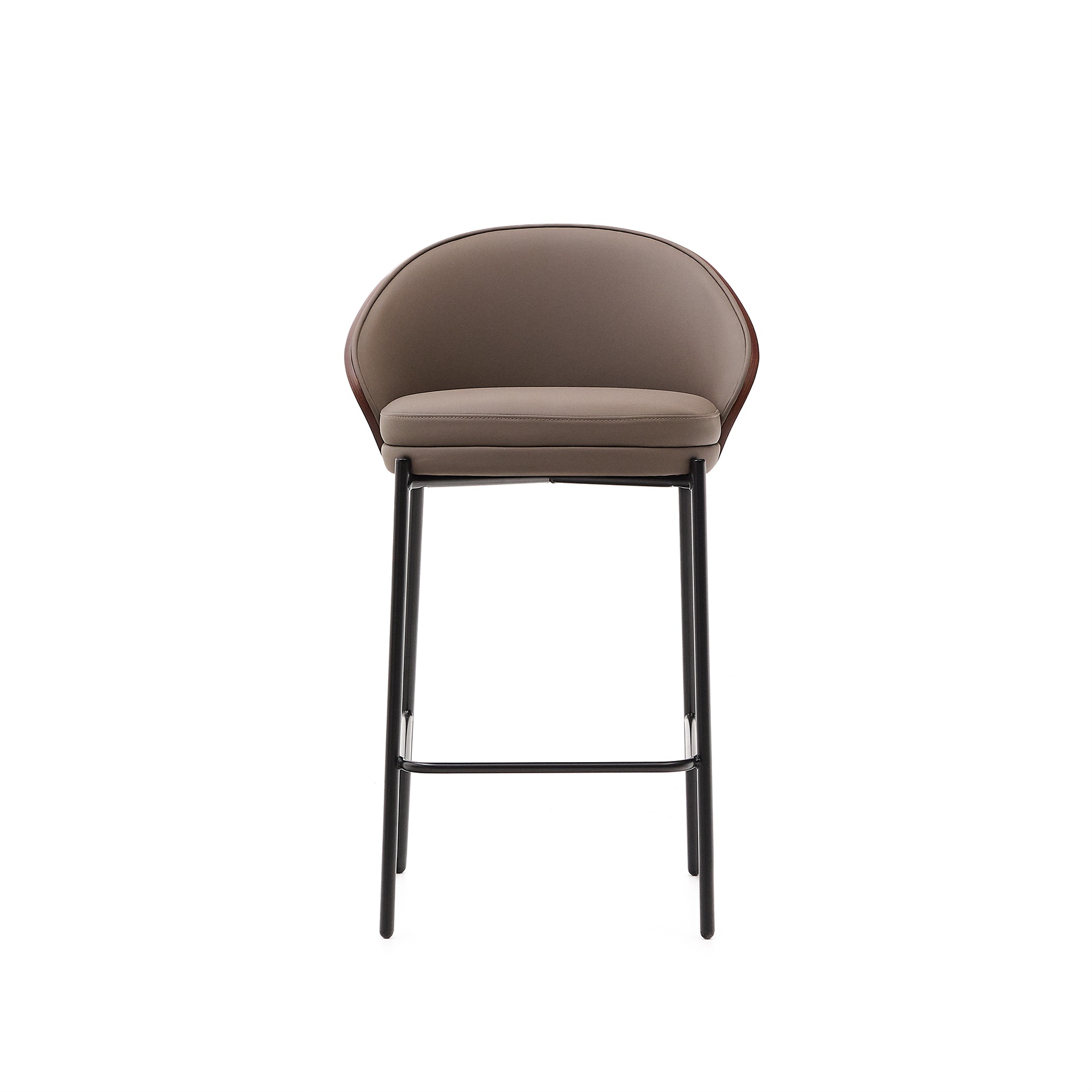 Eamy stool in brown faux leather, ash veneer, walnut finish and black metal 65 cm