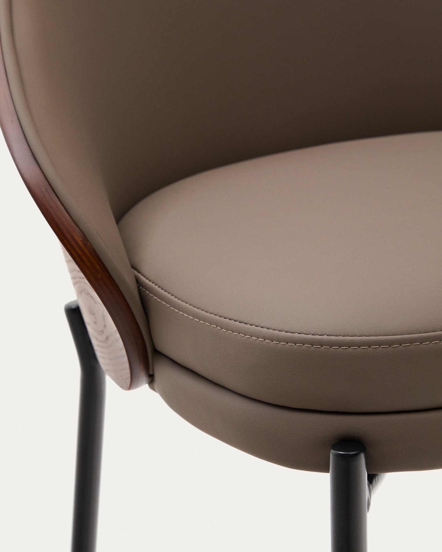 Eamy stool in brown faux leather, ash veneer, walnut finish and black metal 65 cm